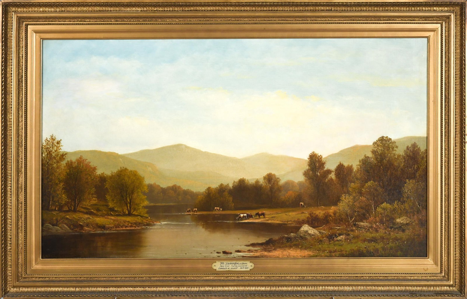 CHARLES WILSON KNAPP OIL, MT. WASHINGTON.: A fine and large size Charles Wilson Knapp (1823-1900) oil on canvas (mounted to board) Mt. Washington at dawn, Saco River, No. Conway NH, from a perspective near the River Street Bridge in No.
