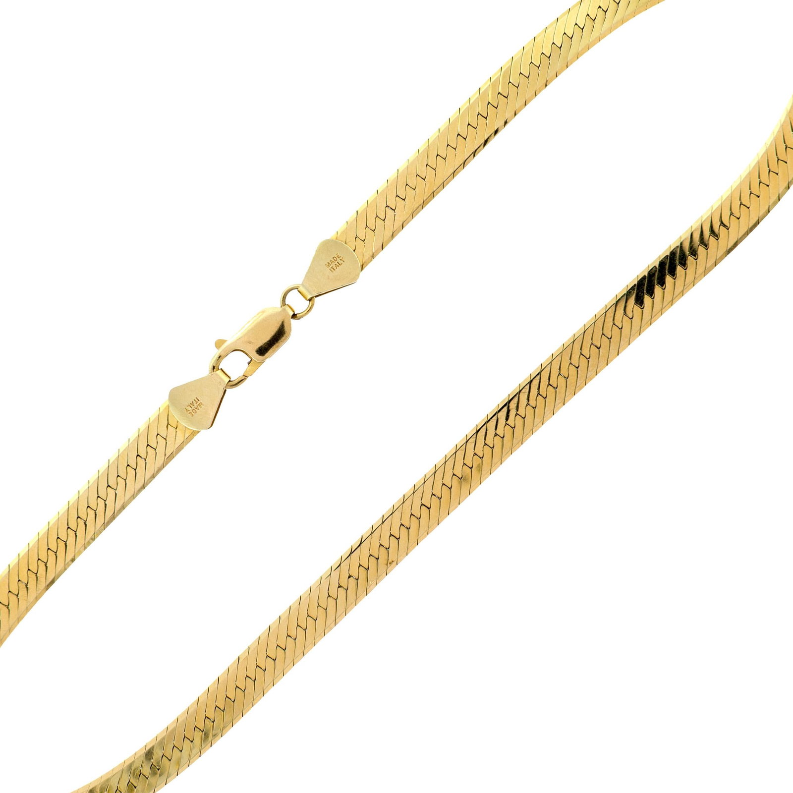 14K GOLD 6MM HERRINGBONE CHAIN NECKLACE.: A 14k yellow gold (stamped), herringbone chain necklace, 6mm wide, 18 1/4 inches long, 23 grams.