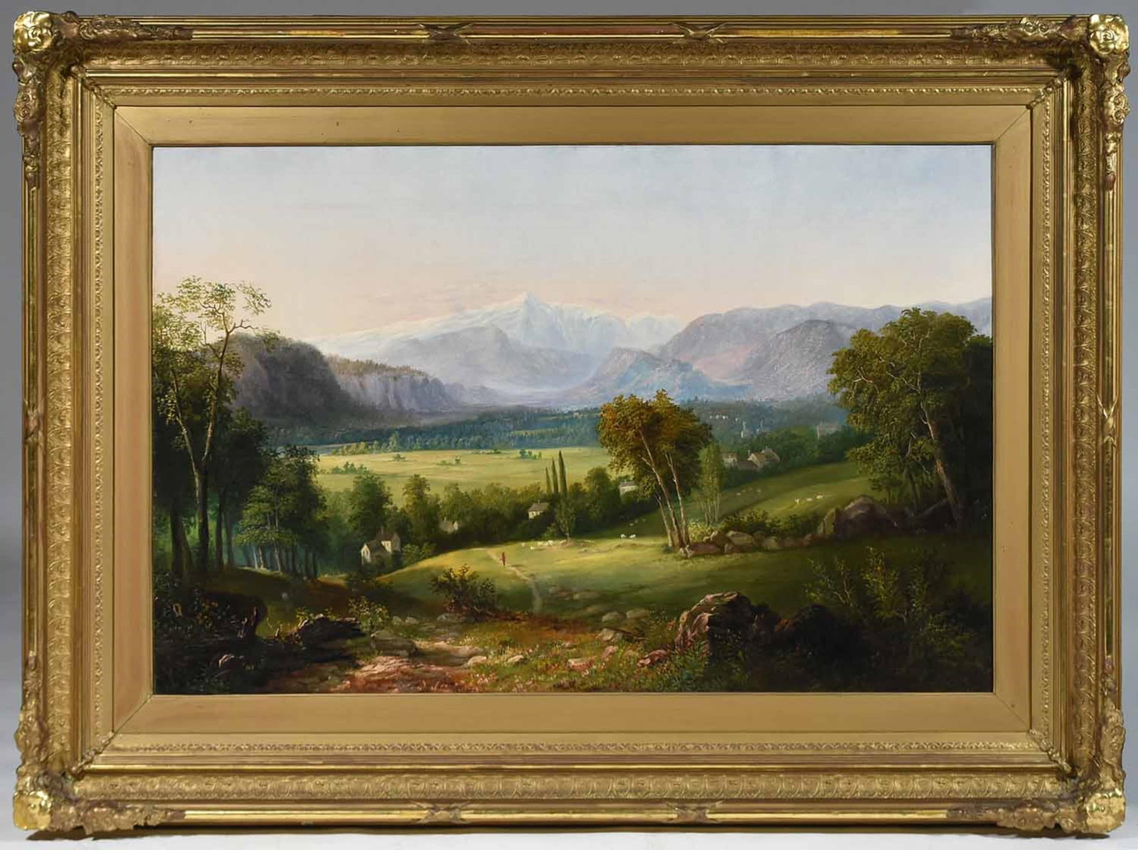 19TH C. OIL ON CANVAS, VIEW OF MOUNT WASHINGTON.: An impressive mid-19th C. oil on canvas, view of Mount Washington from North Conway, NH. Unsigned. 29.75” x 46”, exhibited in a period lemon gold carved wood and gesso frame, 43.5”