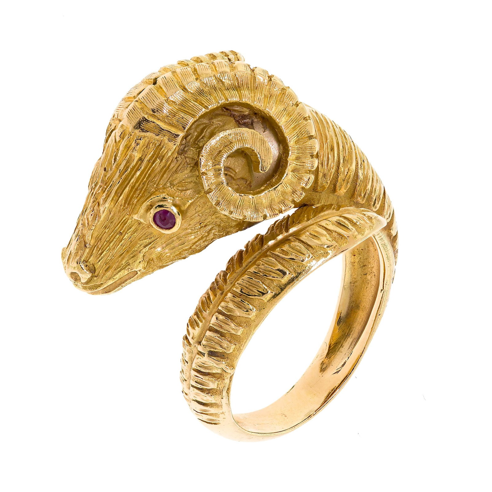 ZOLOTAS 18K GOLD DIAMOND & RUBY RAM'S HEAD RING.: A Greek (marked), 18k yellow gold (stamped), ram's head ring, stated to be Zolotas (hallmark is worn), set with approx. .25 ct., Old European cut, natural diamond of H-I color and SI-I clarity, and