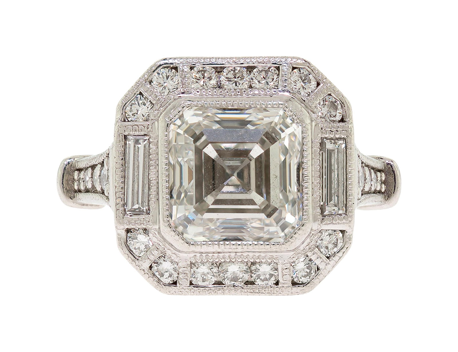 PLATINUM GIA 3.0 CT. ASSCHER CUT DIAMOND RING.: A stunning, platinum (stamped), halo-style, engagement ring, set with a laser inscribed, GIA certified, #5151689009, exact, 3.01 ct., square emerald or Asscher cut, natural diamond of H color and