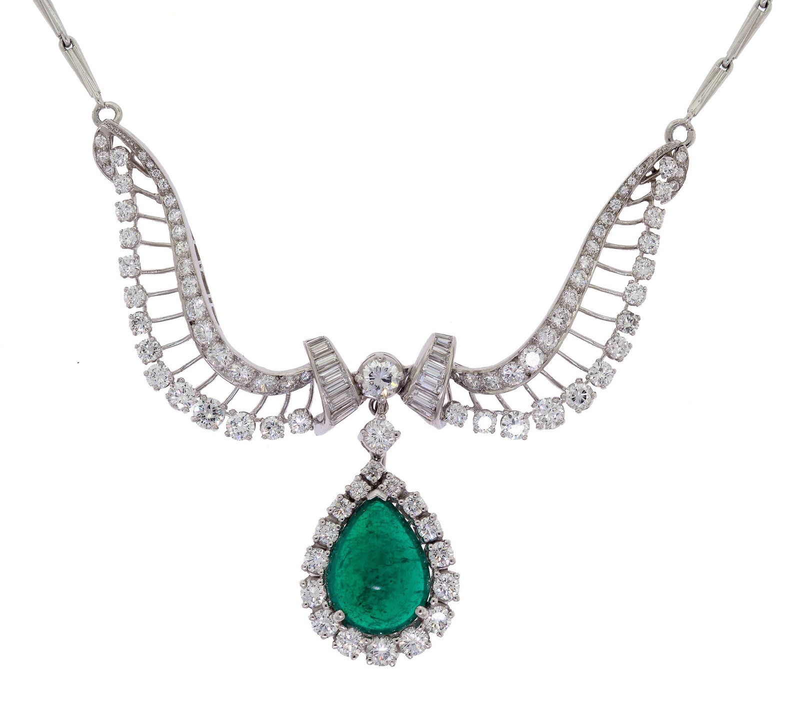 STUNNING VINTAGE PLATINUM EMERALD & DIAMOND NECKLACE.: A stunning, vintage, platinum (stamped) necklace, set with a GIA certified, approx. 8 ct., medium-dark, strongly bluish-green, Columbian emerald, pear-shaped cabochon, with a moderate clarity