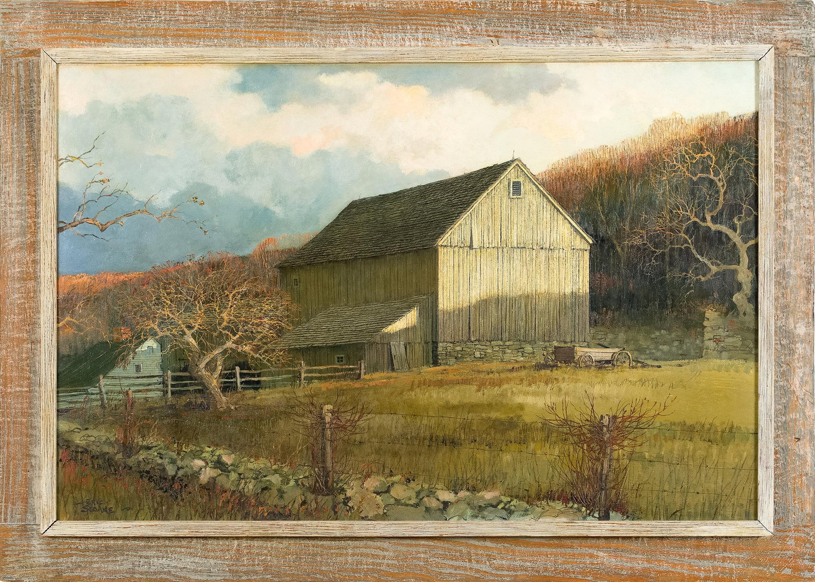 ERIC SLOANE OIL, AUTUMN SHADOWS.: Eric Sloane (1905–1985) oil on canvas board, Autumn Shadows, depicting a quintessential New England farm with a weathered barn, stone walls, split-rail fencing, and autumn trees. Signed lower le