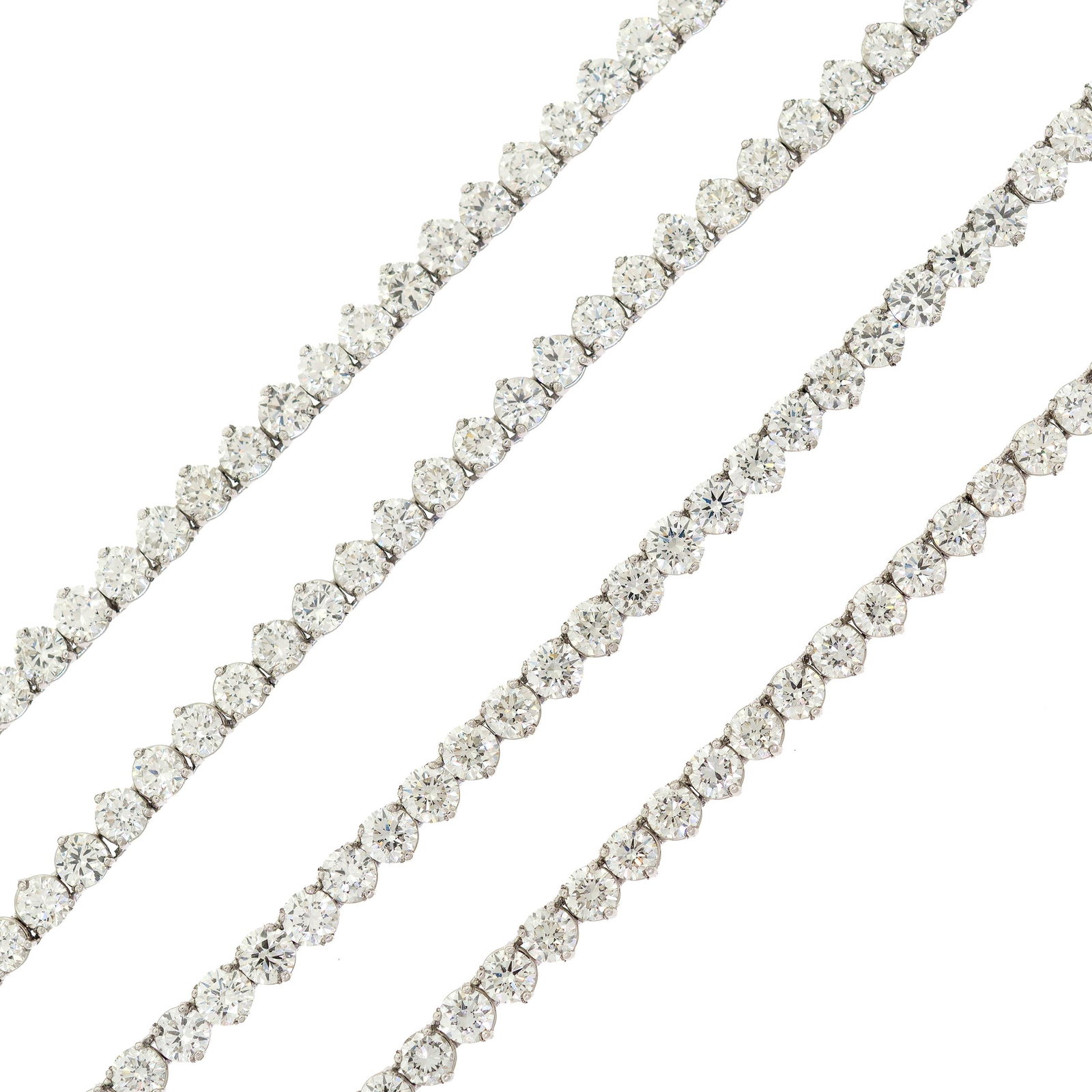 FABULOUS PLATINUM 50 CTW DIAMOND TENNIS NECKLACE.: A fabulous, platinum (stamped), tennis necklace, set with exactly, 54.11 ct. tw., round brilliant cut (approx. 4mm each), natural diamonds of H color and VS clarity, 35 1/2 inches long, 114 grams.