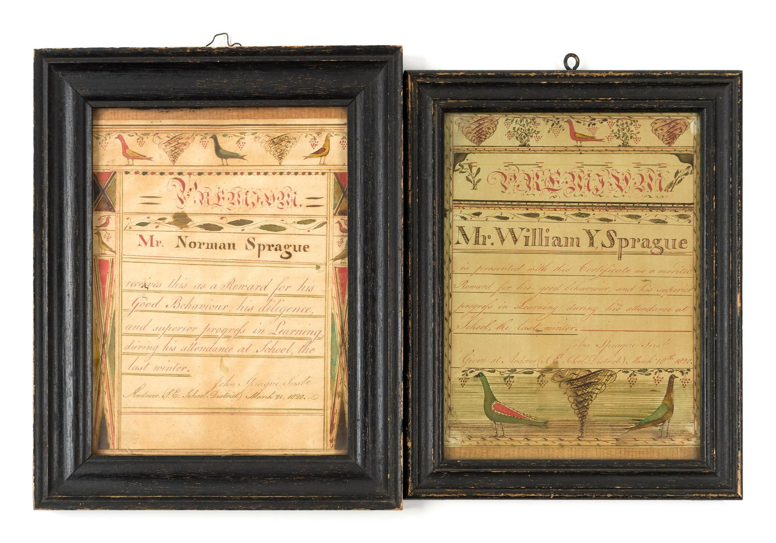PR 19TH C. W/C’S, AWARD OF MERIT PAINTINGS, SPRAGUE.: Two 19th C. hand-painted and illustrated framed documents, each ca. 1820. Awards of Merit, Mr. William Y. Sprague and Mr. Norman Sprague. Both issued from ‘Andover School District’.