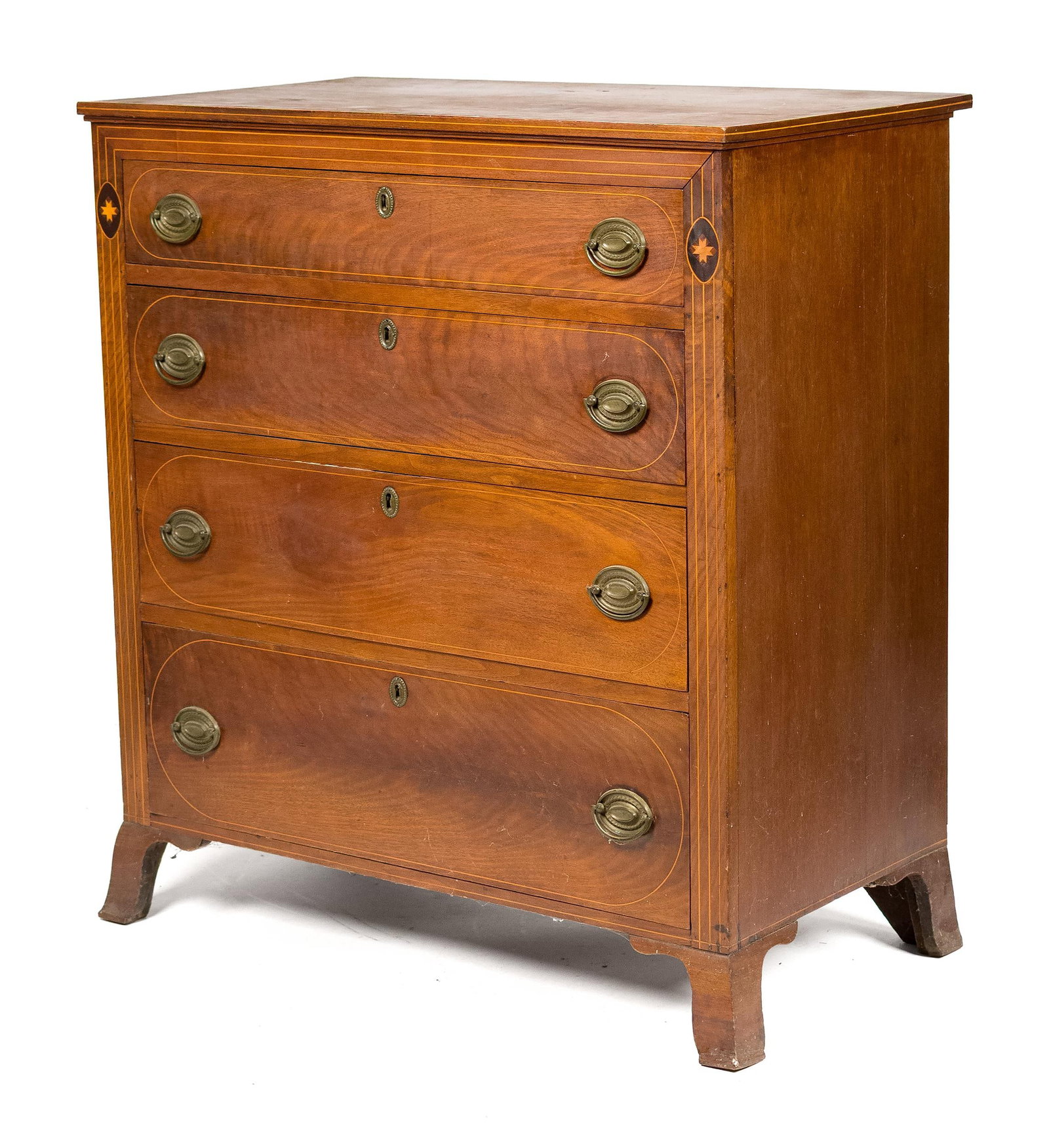 19TH C. AMERICAN FEDERAL INLAID WALNUT CHEST & BOX.: A ca. 1800 American walnut with poplar secondary tall chest. Four inlaid graduated drawers set with period brass hardware, picture frame three-string inlay around case front, on French feet. 41.5̶