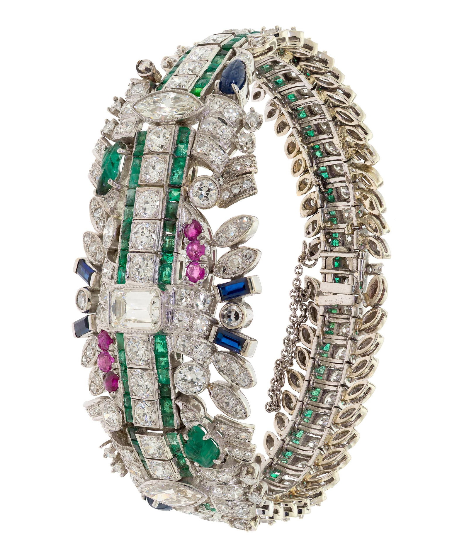 ART DECO PLATINUM DIAMOND & MULTI-STONE BRACELET.: An Art Deco, platinum (tested), bracelet, set with approx. 14 ct. tw., Old European, round single, baguette, marquise and emerald (larger stones are approx. 1.0 ct. each of K-L color) cut, natural