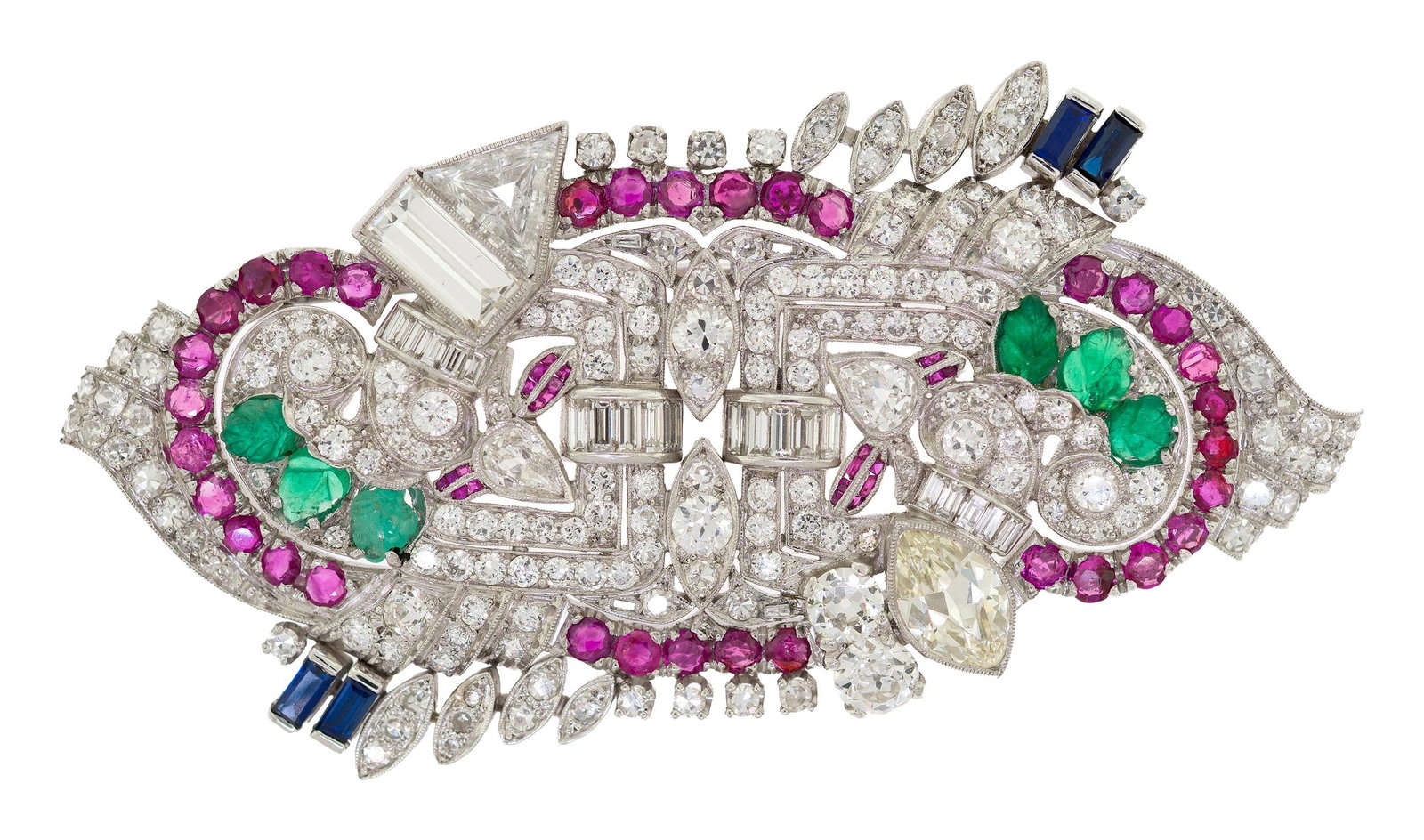ART DECO PLATINUM DIAMOND & MULTI-STONE BROOCH.: An exquisite, Art Deco, platinum (tested), brooch, with a 14k white gold (stamped) pin stem, set with approx. 14.5 ct. tw., Old European, round single, baguette, pear shaped, marquise and trillion