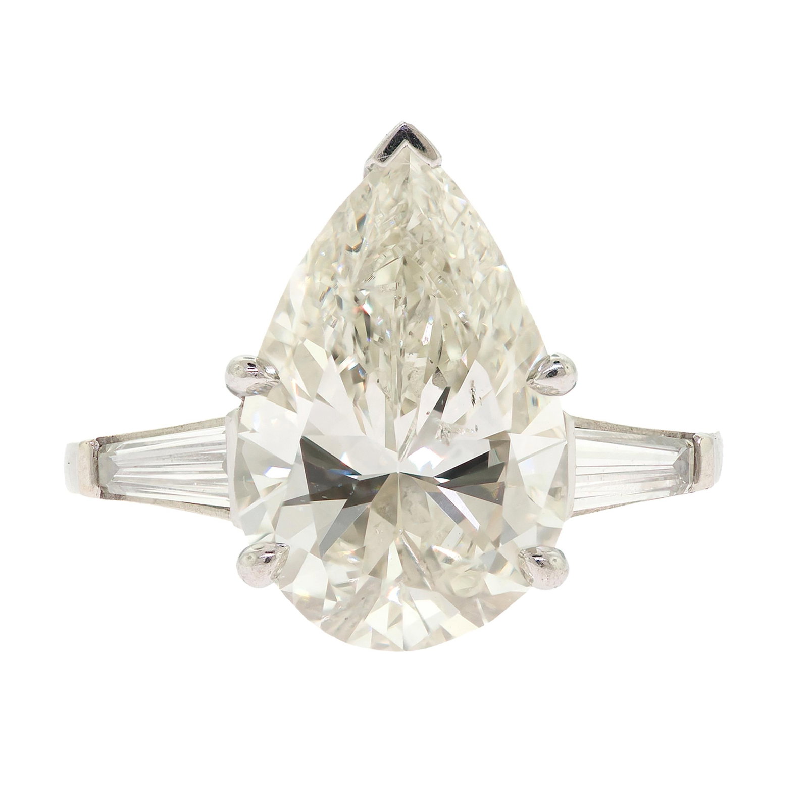 PLATINUM 5.63 CT. PEAR SHAPED DIAMOND RING.: A stunning, platinum (stamped), Euro-shank ring, set with an approx. 5.63 ct., faceted pear shaped, natural diamond of K color and I1 clarity, measuring, 15.30 x 10.0 x 6.24mm deep, flanked by