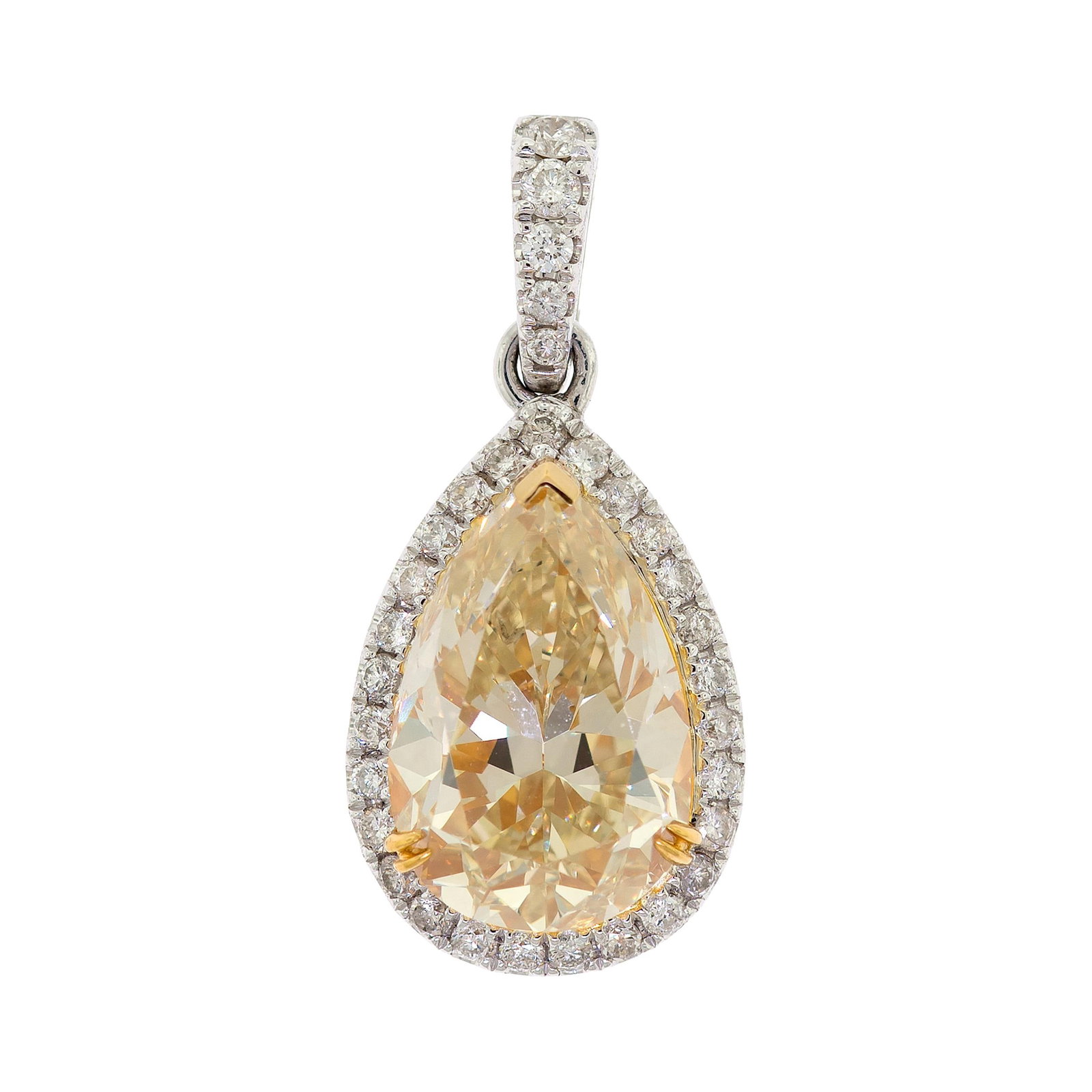 18K GOLD 4.83 CT. LIGHT YELLOW PEAR DIAMOND PENDANT.: An 18k white and yellow gold (stamped), halo-style pendant, set in yellow gold with an exact 4.83 ct., faceted pear-shape, natural diamond of fancy light yellow color and VS2 clarity with approx. .31