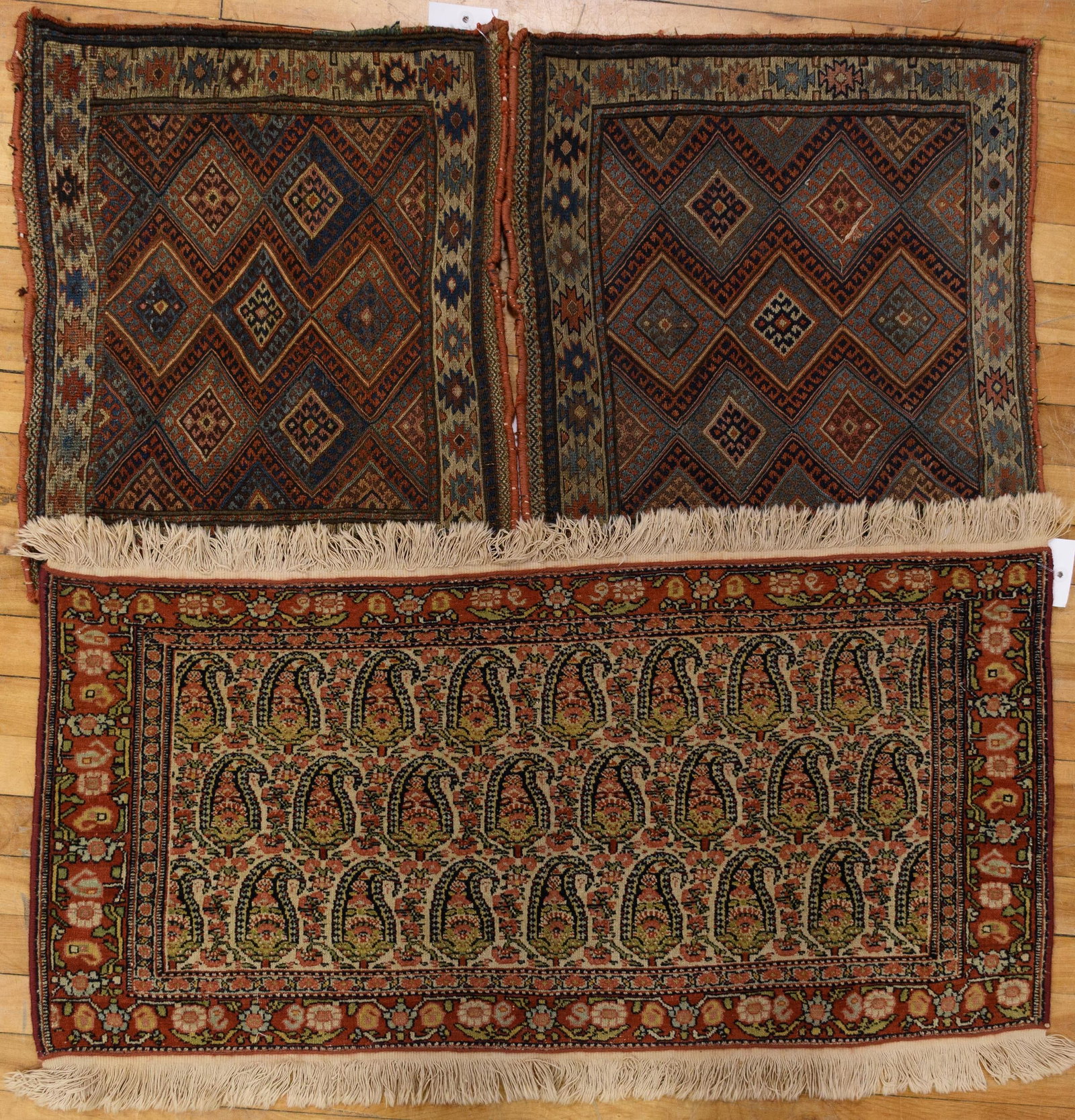 ANTIQUE ORIENTAL MAT AND TWO SOUMAK BAG FACES. (1 of 1)