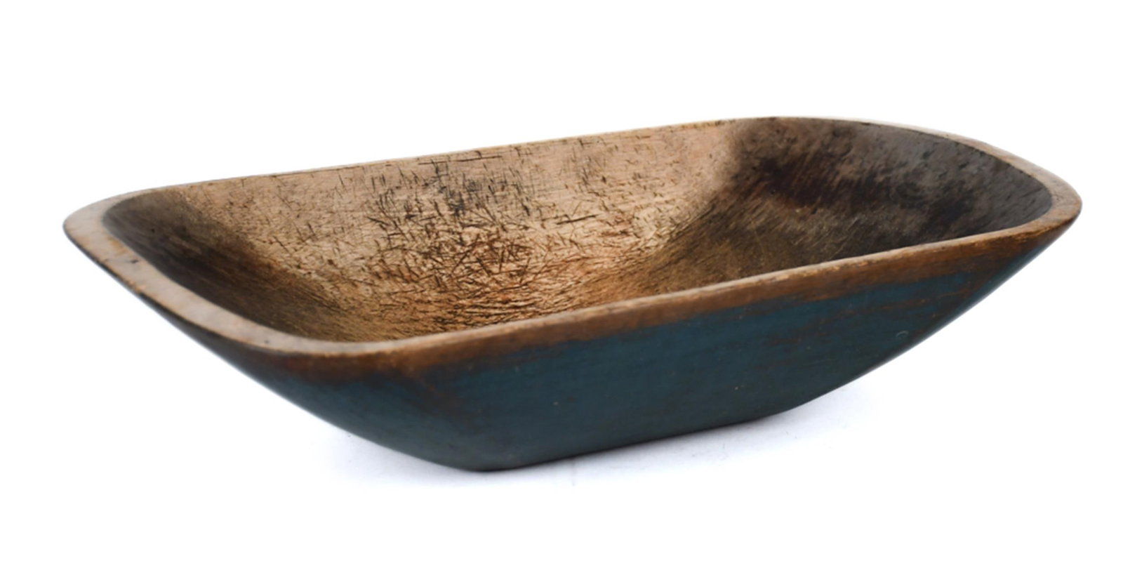EXCEPTIONAL 19TH C. BLUE PAINTED CHOPPING BOWL.: A ca. 1800 New England hardwood chopping bowl in original blue darkened to blue/green paint. 4” x 16.5”W x 10.5”D.