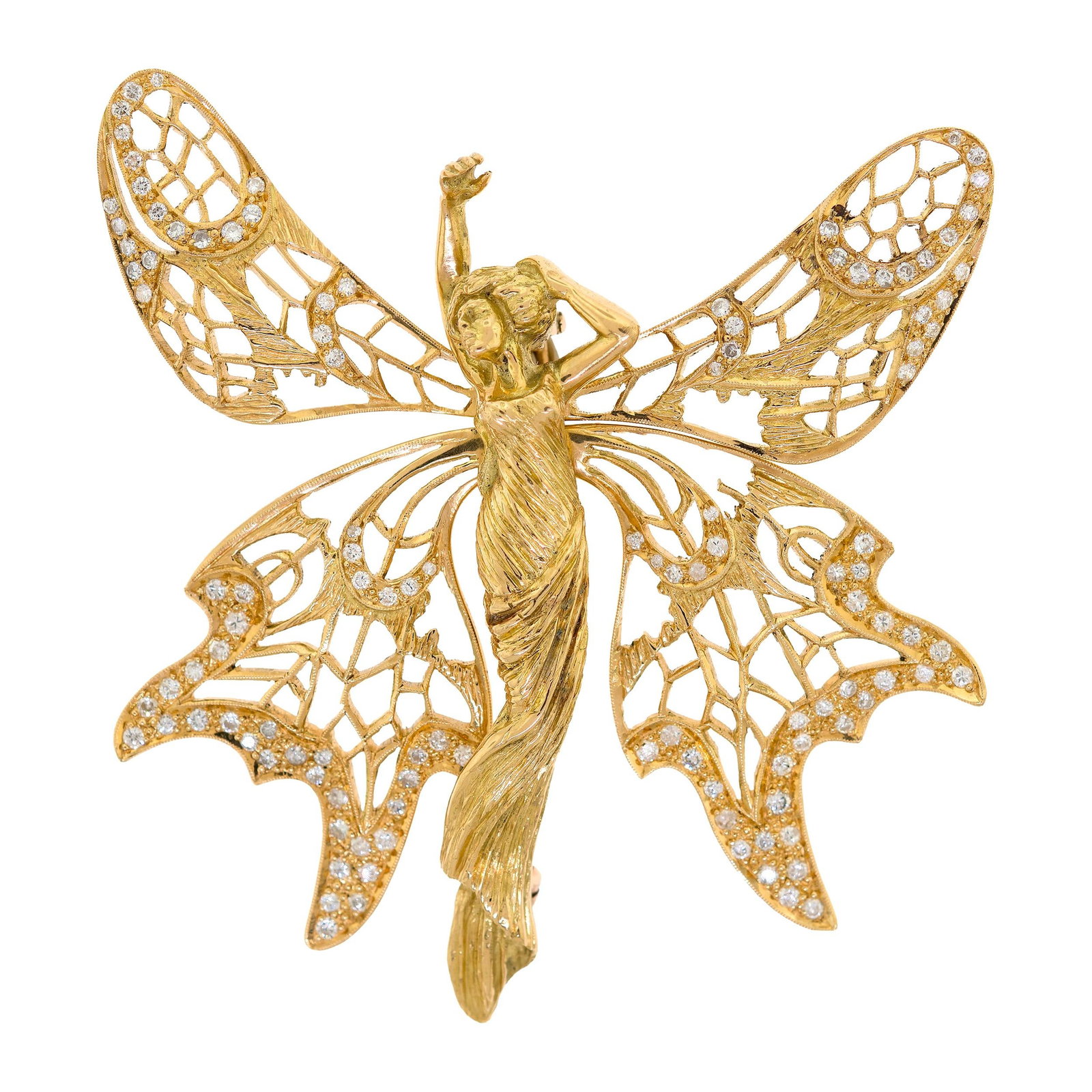 ART NOUVEAU STYLE 18K GOLD DIAMOND FAIRY PIN/PENDANT.: An Art Nouveau style, 18k yellow gold (stamped), fairy pin/pendant, including a 14k yellow gold (stamped), oversized bail, set with approx. 1.5 ct. tw., round brilliant cut diamonds, 3 1/8 inches