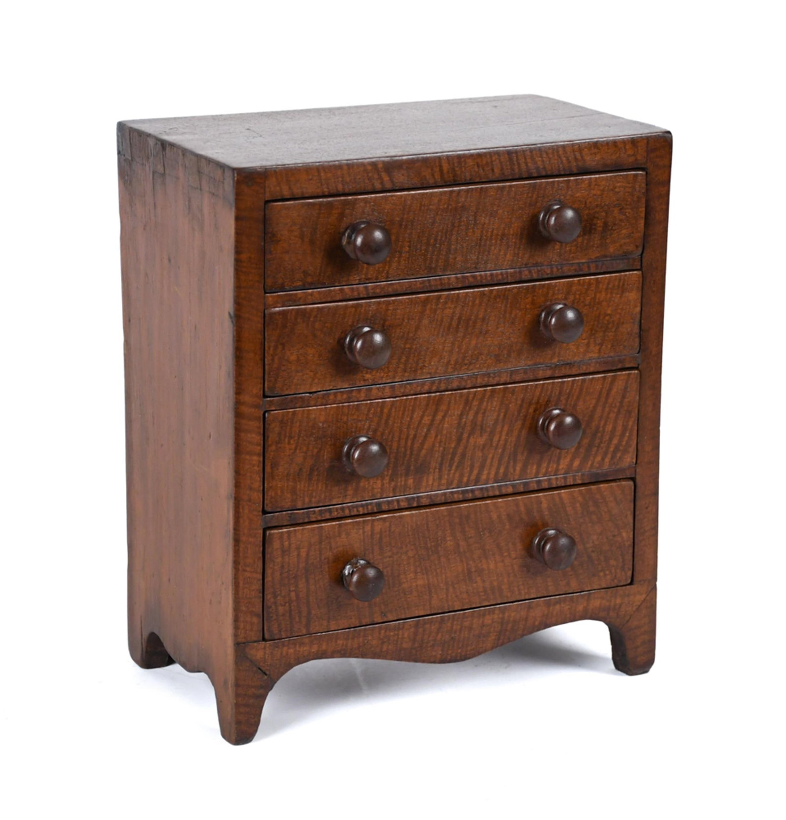 19TH C. PINE AND TIGER MAPLE MINIATURE CHEST. (1 of 12)
