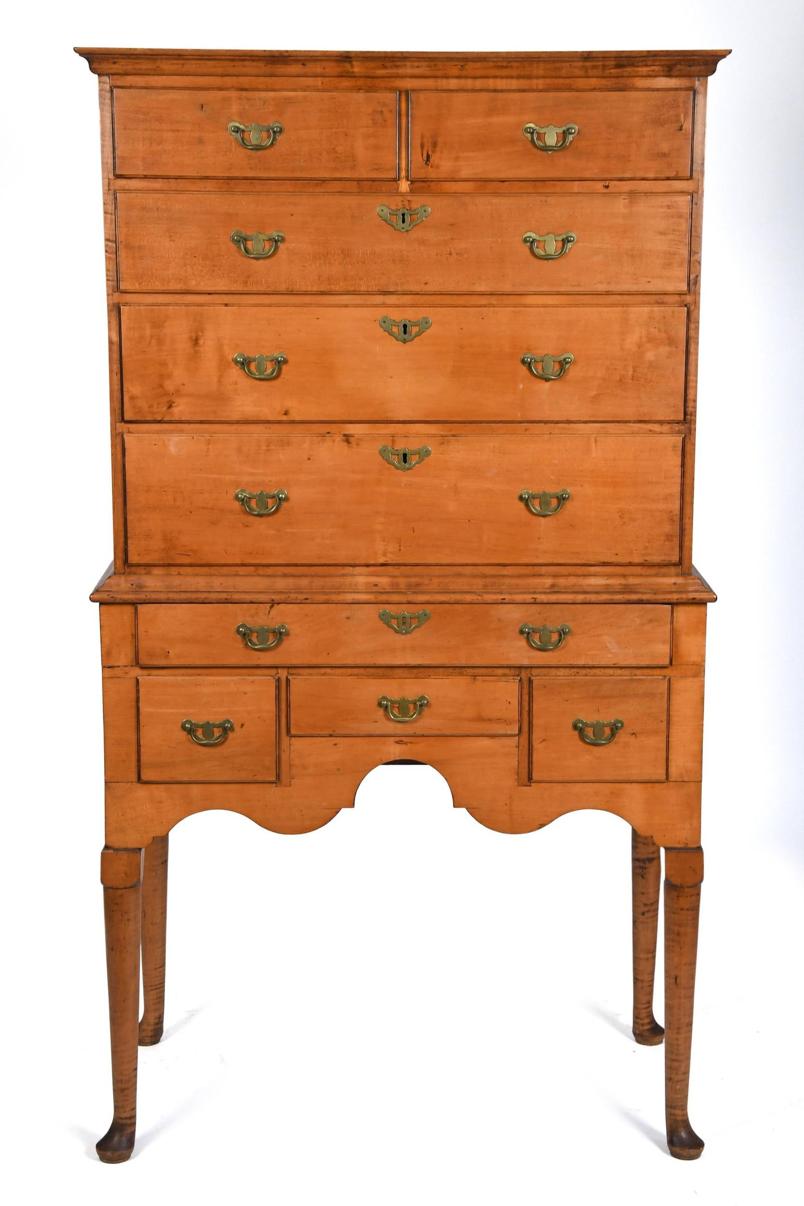 18TH C. QUEEN ANNE NE CURLY MAPLE HIGHBOY (1 of 9)