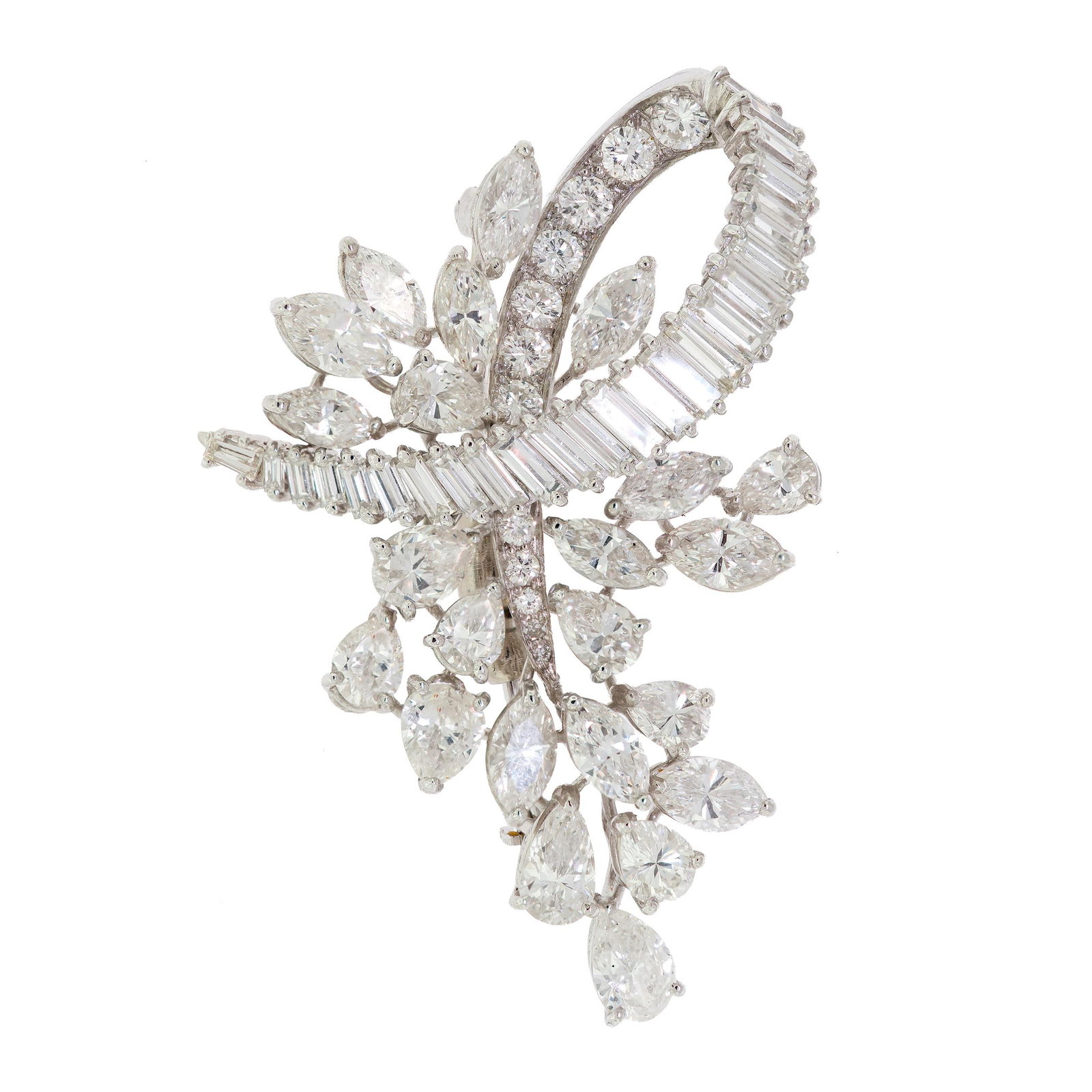 CHARLES VAILLANT NYC PLATINUM 12 CTW DIAMOND BROOCH.: A vintage, platinum (tested), stated to be Charles Vaillant, brooch, set with approx. 12 ct. tw., pear, marquise, baguette and round brilliant cut, natural diamonds of G-H-I color and VS clarity, 2