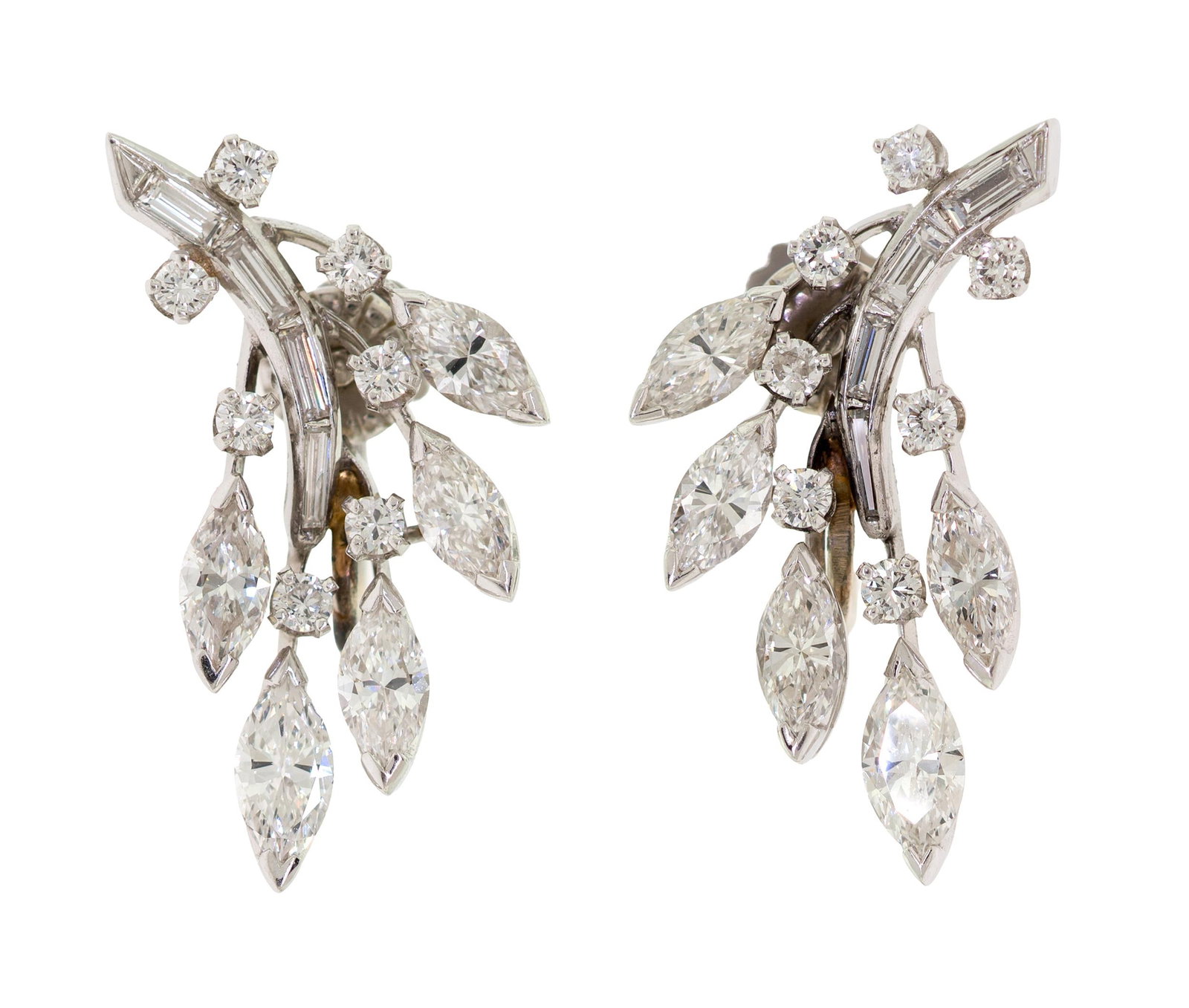 VINTAGE PLATINUM 3.0 CTW DIAMOND SCREWBACK EARRINGS.: A pair of vintage, platinum (tested) with 14k white gold (stamped), screwbacks, set with approx. 3.0 ct. tw., marquise, round brilliant and baguette cut, natural diamonds of G-H-I color and VS