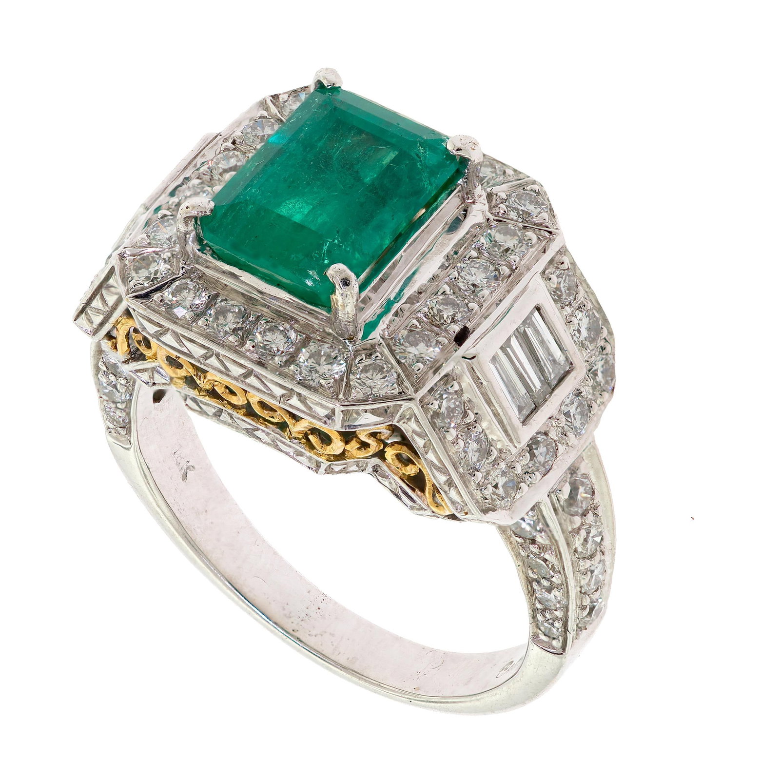 SIGNED BELLARRI 18K GOLD EMERALD & DIAMOND RING.: A signed, Bellarri, 18k white gold (stamped) ring, set with an approx. 2.5 ct., emerald cut, medium-green emerald, measuring, 9.52 x 7.05 x 5.20mm deep with approx. 1.75 ct. tw., round brilliant and