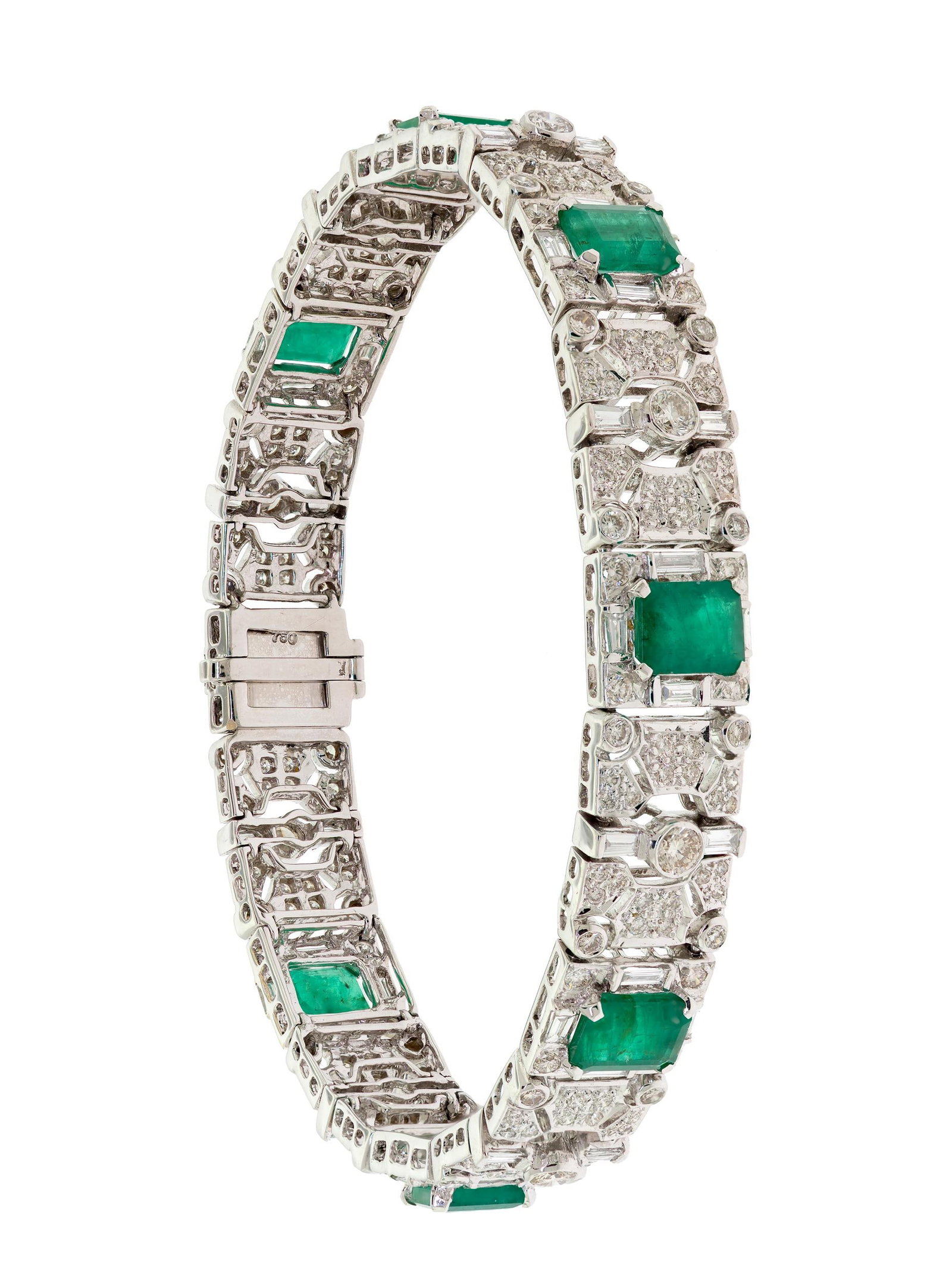 18K GOLD EMERALD & DIAMOND BRACELET.: An 18k white gold (stamped), bracelet, set with approx. 11.2 ct. tw., emerald cut, medium green, emeralds and approx. 8.0 ct. tw., round brilliant and baguette cut, natural diamonds of G-H color and