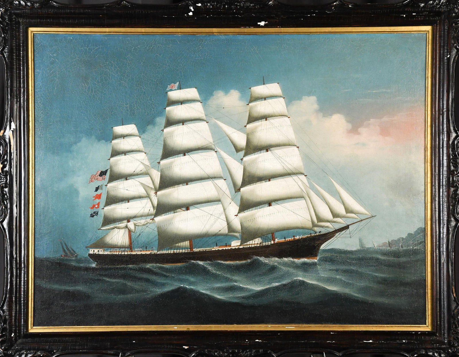 19TH C. CHINA TRADE SHIP PORTRAIT OIL ON CANVAS.: A 19th C. China trade ship portrait, oil on canvas. An American three masted full rigged ship under full sail on a running sea, flying the American ensign and a house flag with a private signal at