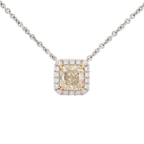 18K GOLD 1.15 CT. LIGHT YELLOW HALO DIAMOND NECKLACE.