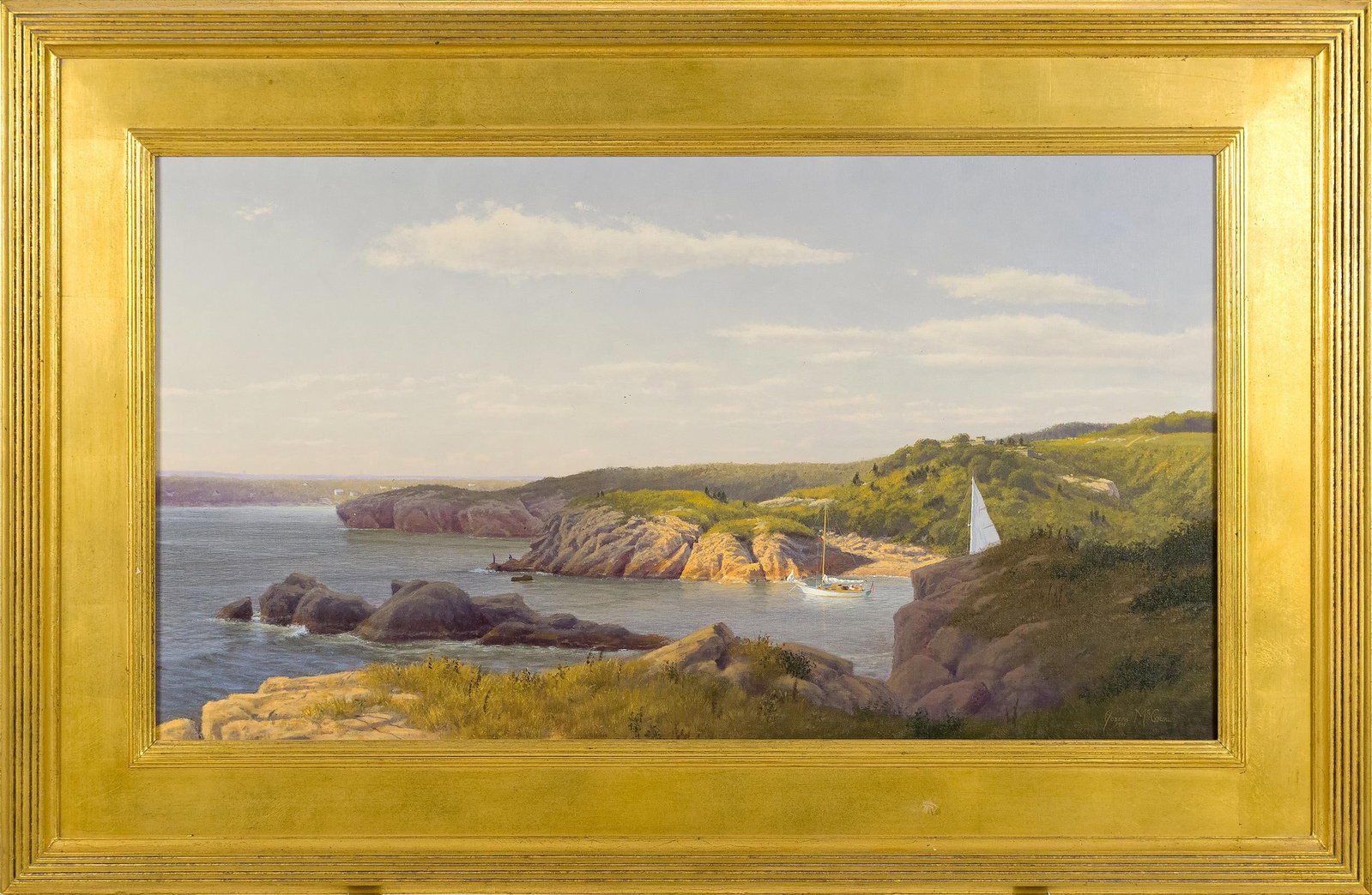 JOSEPH MCGURL OIL ON CANVAS BOSTON HARBOR ISLAND.: Joseph McGurl (American, b. 1958). A luminist view of a Boston Harbor island, a sloop under sail entering a sheltered cove between granite ledges, with grassy headlands and a hazy coastline receding