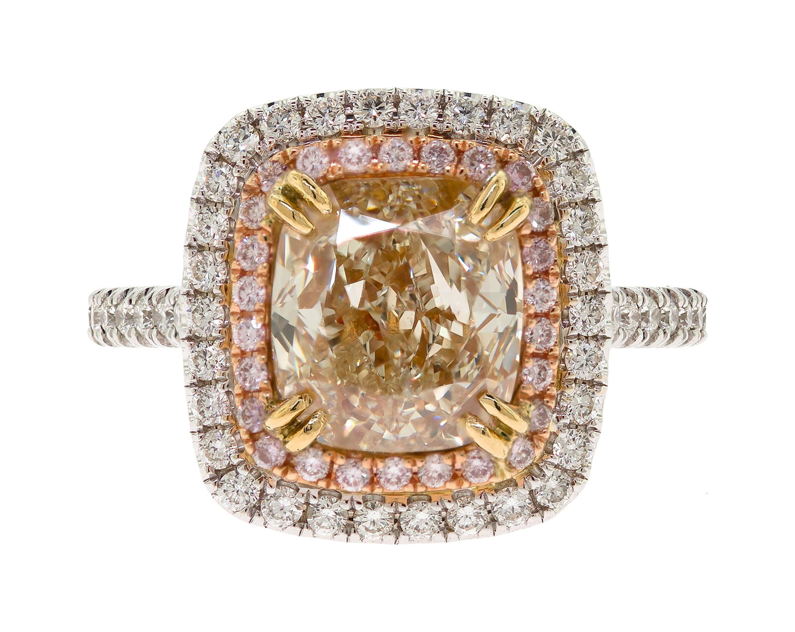 18K GOLD 3.5 CT CUSHION CUT YELLOW DIAMOND HALO RING.: An 18k white, rose and yellow gold (stamped), halo-style ring set with an exact, 3.51 ct. (marked), cushion cut, fancy light yellow, cushion cut, natural diamond of VS-VVS clarity, measuring, 8.71 x