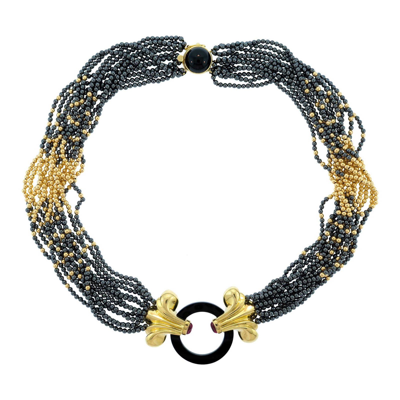 LAGOS 18K GOLD ONYX & TOURMALINE CAVIAR NECKLACE.: An 18k yellow gold (stamped), signed, Lagos 'Caviar' necklace with a black onyx centerpiece and black onyx clasp and approx. .70 ct. tw, pink tourmaline cabochons, each end has a screw mechanism on