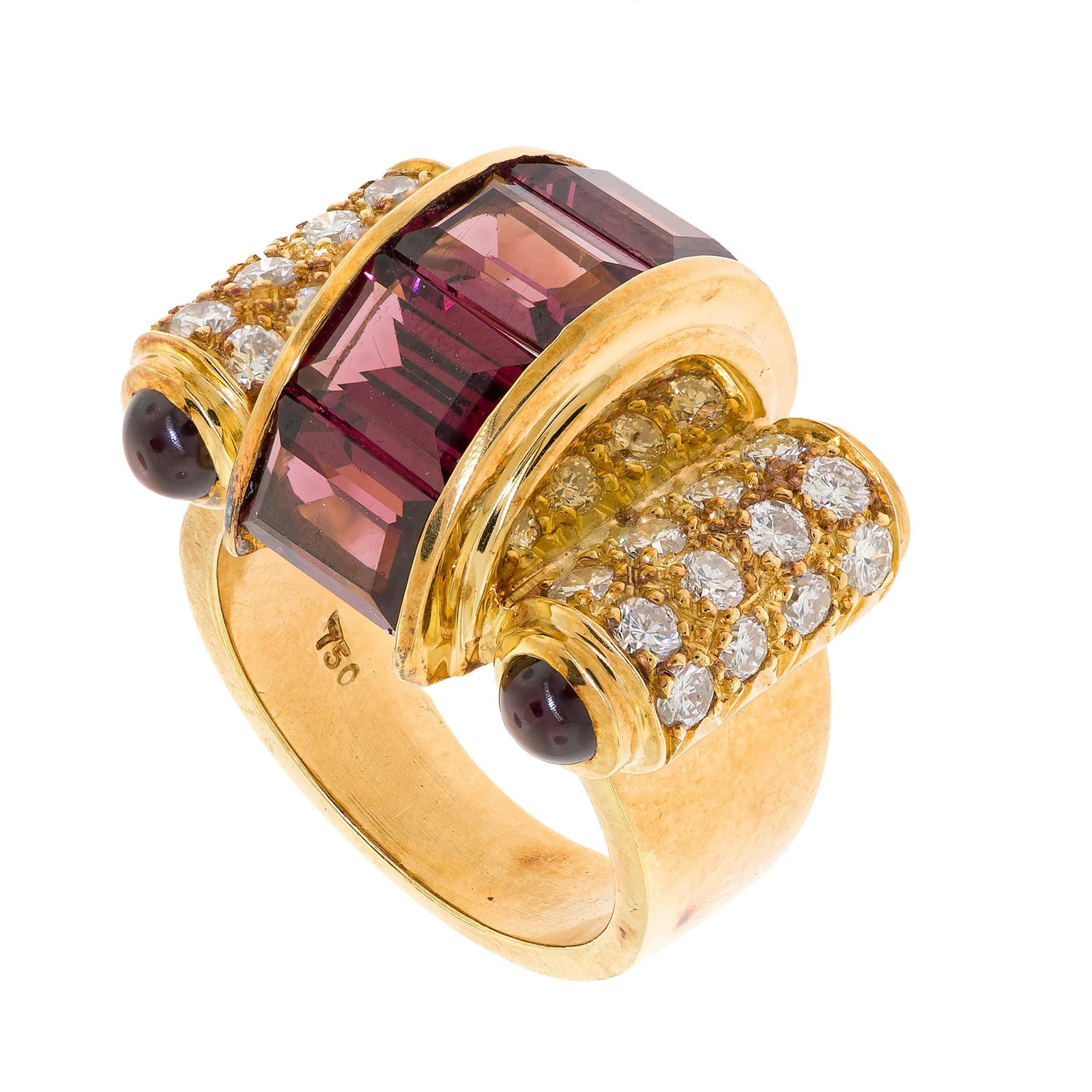 LAGOS 18K GOLD PINK TOURMALINE & DIAMOND RING.: A signed, Lagos, 18k yellow gold (stamped) ring, set with approx. 6 ct. tw., medium-dark, rectangular cut and medium-light pink, cabochon cut, tourmaline and approx. 1.0 ct. tw., round brilliant cut,