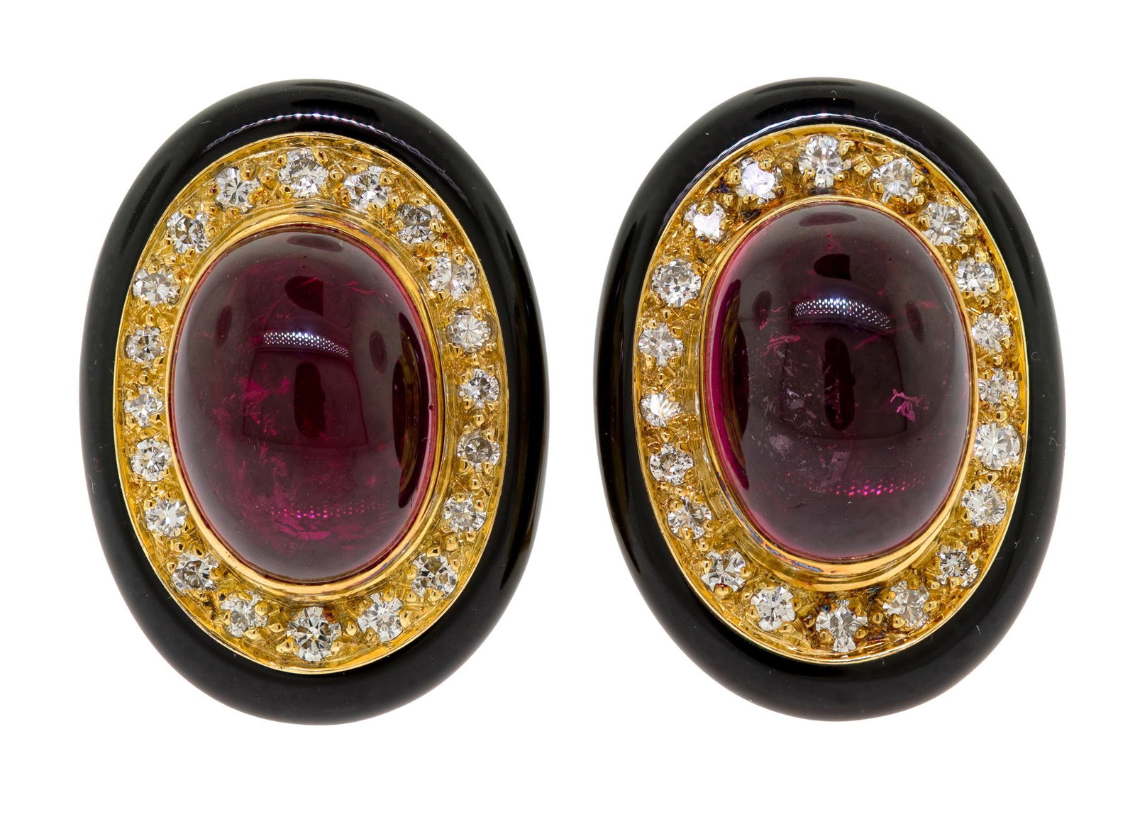 LAGOS 18K GOLD ONYX, PINK TOURM & DIAMOND EARRINGS.: A pair of signed, Lagos, 18k yellow gold (stamped) post earrings with omega clip closures, set with black onyx, approx. 16 ct. tw., medium pink tourmaline cabochons and approx. 1.0 ct. tw., round
