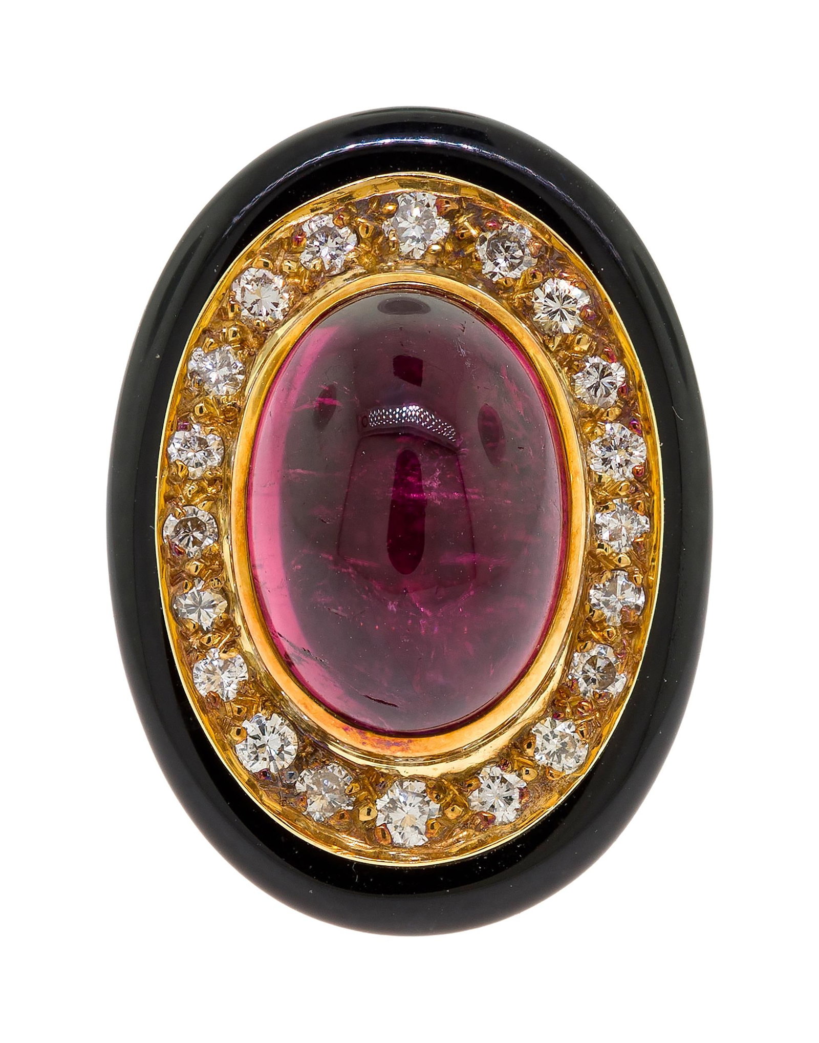 LAGOS 18K GOLD ONYX, PINK TOURMALINE & DIAMOND RING.: A signed, Lagos, 18k yellow gold (stamped) ring, set with black onyx, an approx. 6 ct., medium pink tourmaline cabochon and approx. .50 ct. tw., round brilliant cut, natural diamonds of G-H color and