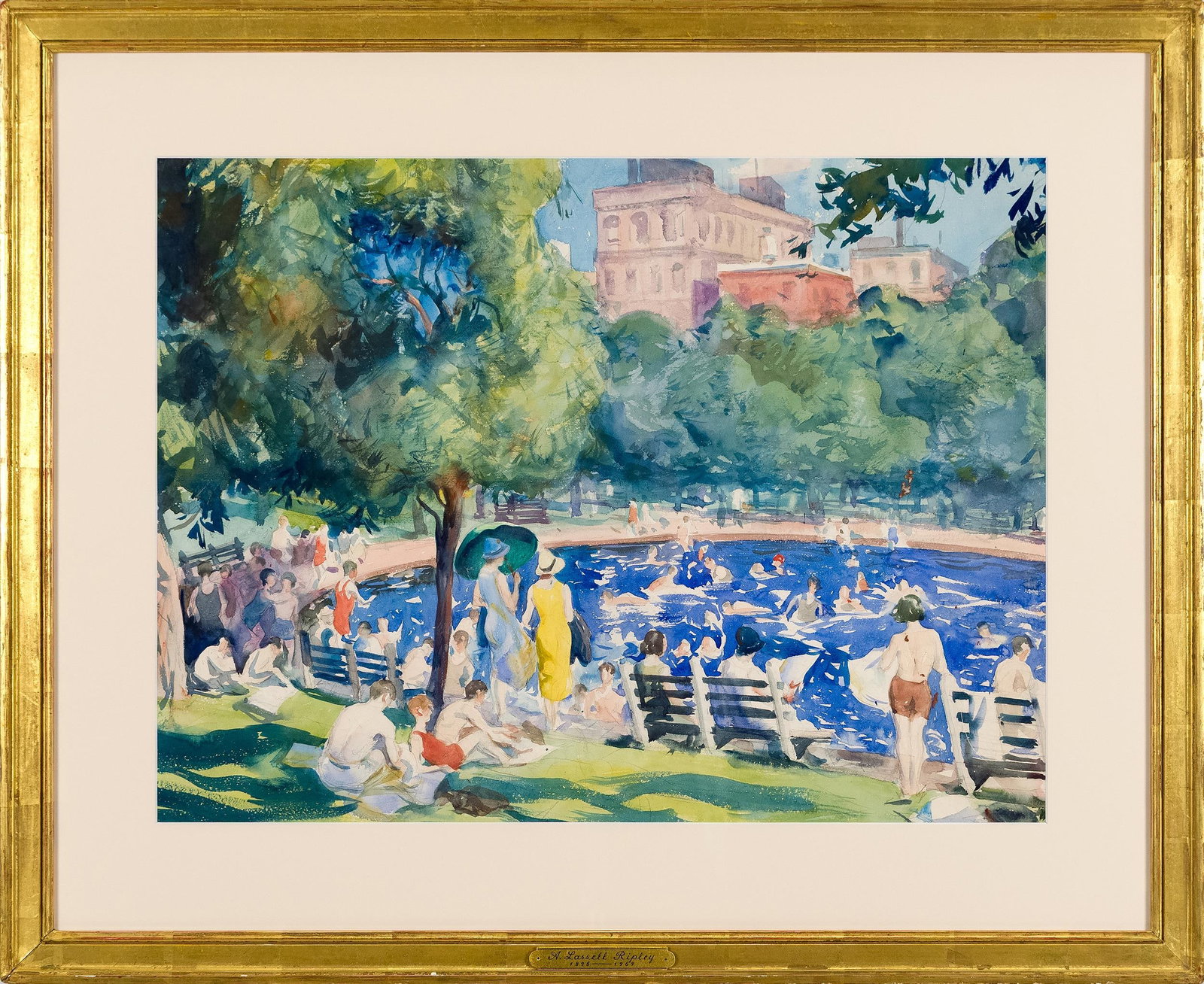 AIDEN LASSELL RIPLEY WATERCOLOR FROG POND.: Aiden Lassell Ripley (American, 1896-1969). Bathers at the Frog Pond on Boston Common, swimmers filling the blue water and figures crowded along the benches and the grass in the shade, two women with 