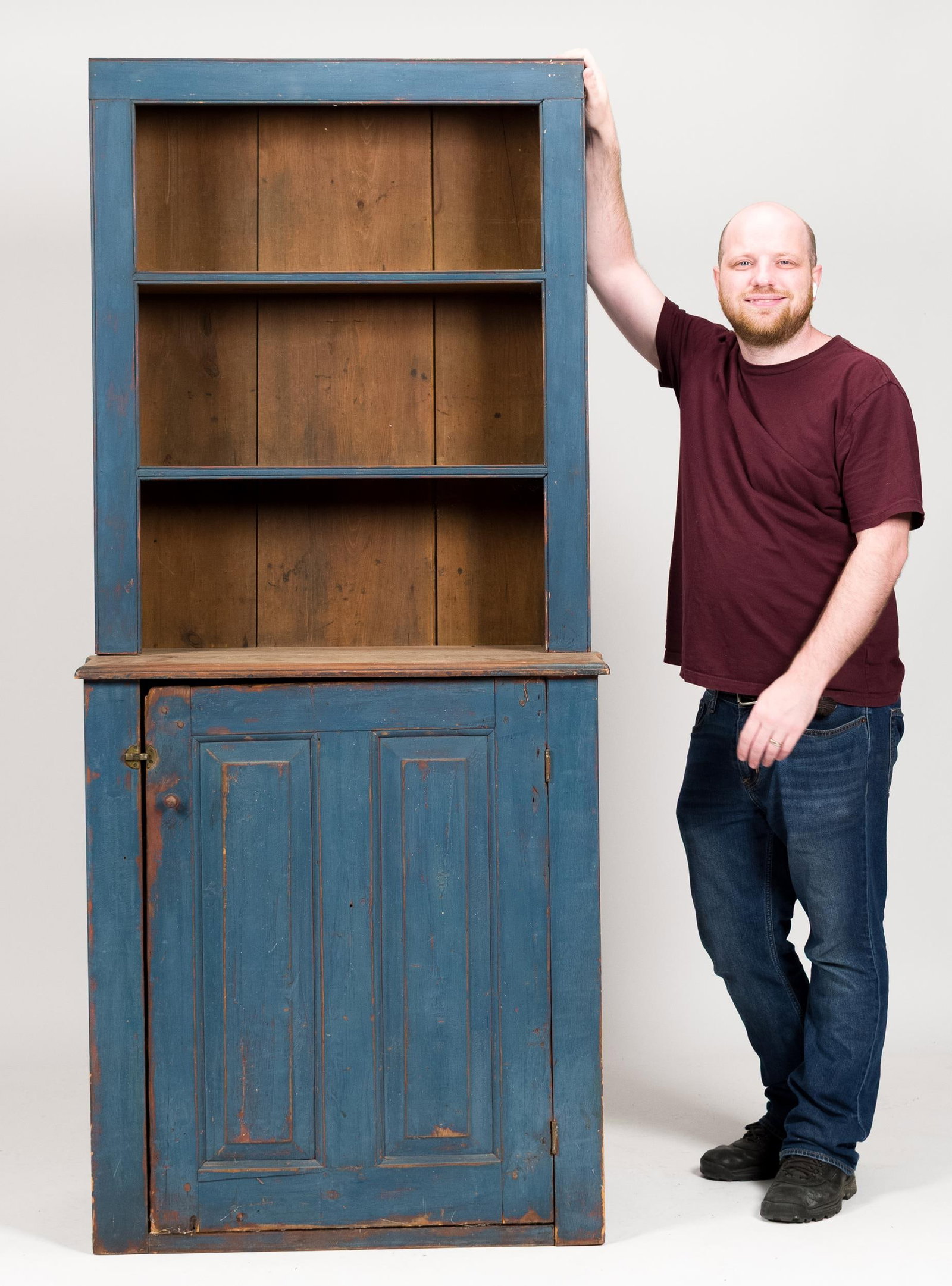 18TH C. BLUE PAINTED STEP-BACK CUPBOARD. - 11