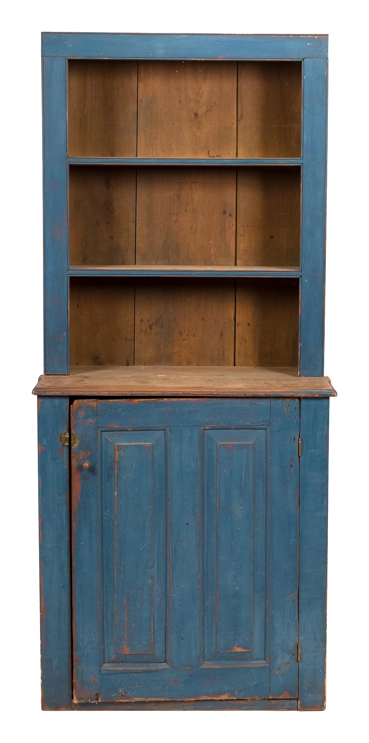 18TH C. BLUE PAINTED STEP-BACK CUPBOARD. (1 of 11)