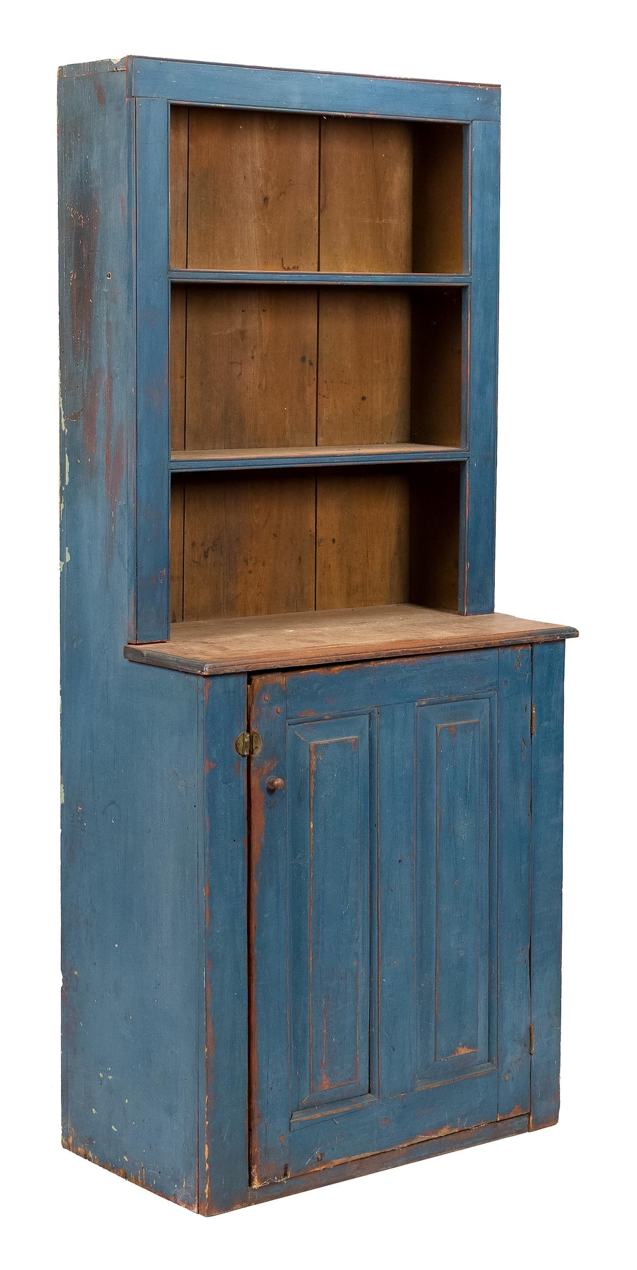 18TH C. BLUE PAINTED STEP-BACK CUPBOARD. - 2