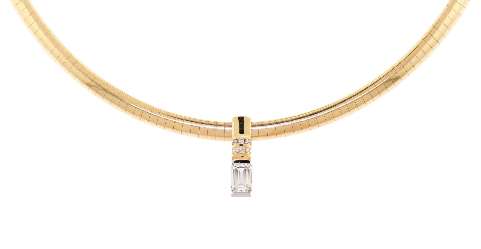 14K OMEGA NECKLACE W/ EC DIAMOND SLIDE PENDANT.: A 14k yellow gold (stamped), half-round omega chain necklace with a 14k yellow and white gold (stamped) slide pendant set with approx. 2.0 ct. tw., emerald cut, natural diamond of I-J color and VVS