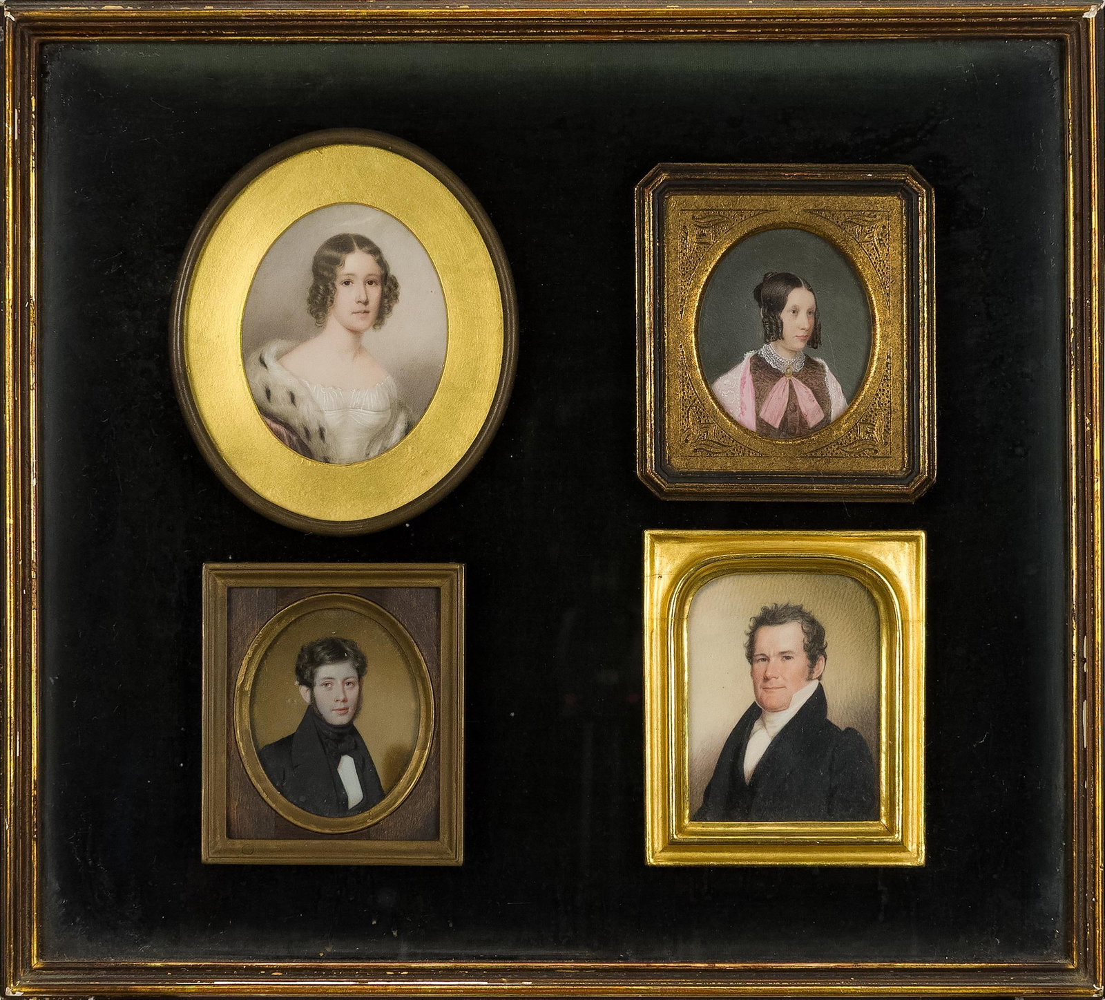 ANTHON FAMILY MINIATURE PORTRAITS.: A display of four 19th C. miniature American School portraits of the Anthon Family. Inscription on reverse identifies the family members, as follows: (clockwise from upper left): Joanna Anthon (Aug.