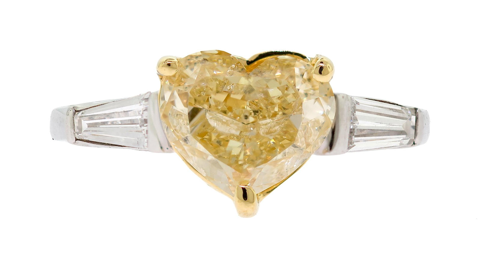 PLATINUM & 18K GOLD 2.5 CT. YELLOW DIAMOND RING.: A platinum and 18k yellow gold (stamped) ring, set with an approx. 2.20 ct., heart-shaped brilliant cut, fancy yellow, natural diamond of I1 clarity, measuring, 9.40 x 7.86mm (unable to gauge depth du