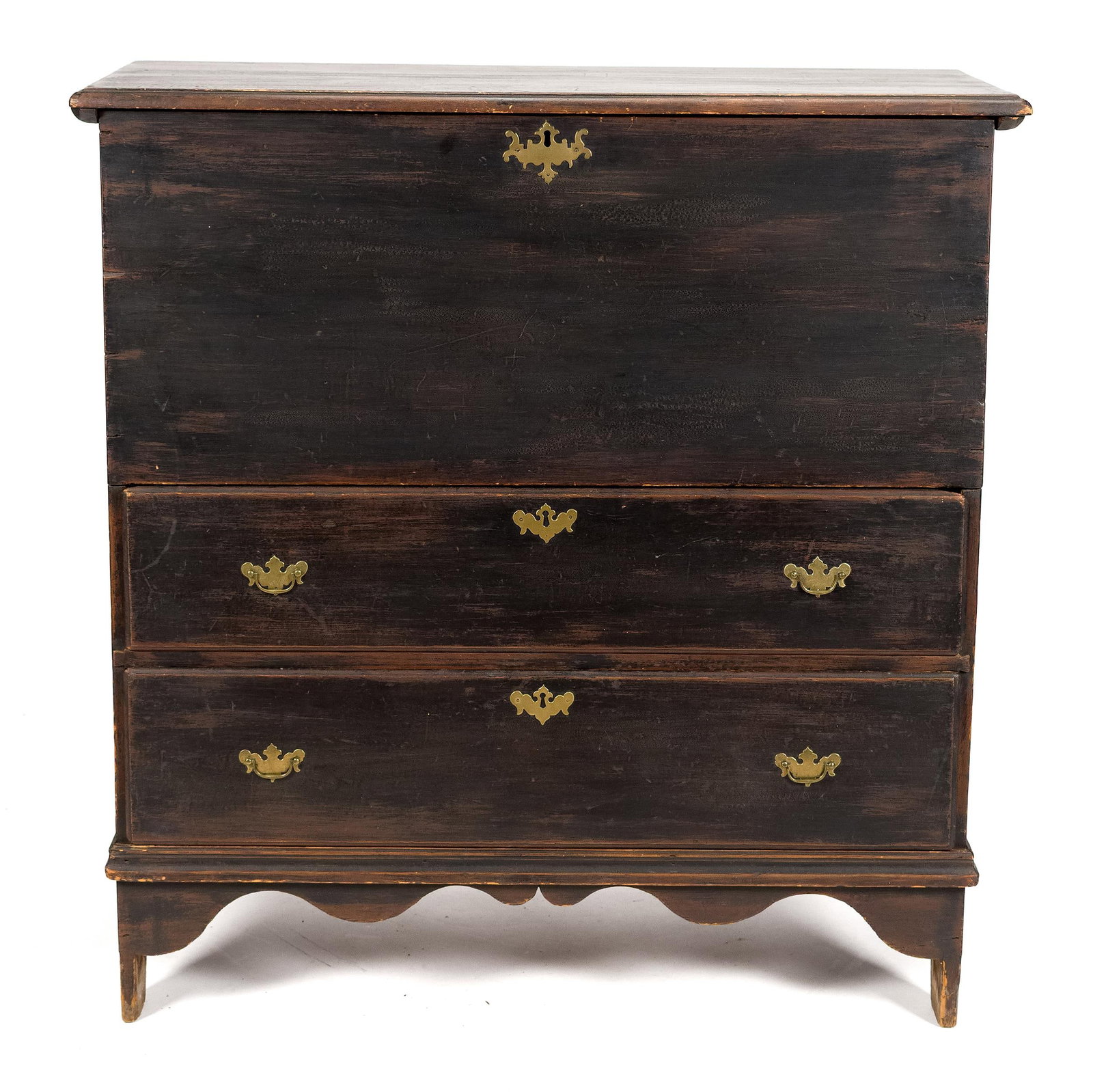 18TH C. QUEEN ANNE PAINTED BLANKET CHEST.: An 18th C. Queen Anne painted blanket chest with original brass and old black paint. The hinged lift top over two dovetailed drawers, on a cutout base. 43”H x 41”W x 18.5”D.
