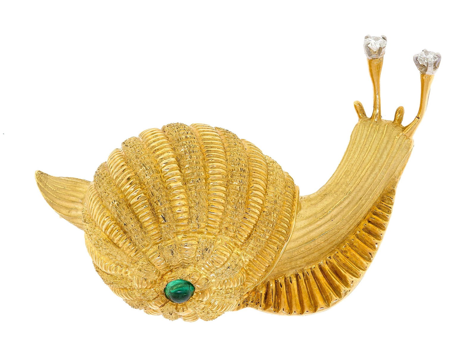 VINTAGE REGNER PARIS 18K GOLD DIAM. & EM. SNAIL PIN.: A vintage, signed, Regner Paris, 18k yellow gold (stamped, French hallmarks), adorable snail pin, set with approx. .16 ct. tw., round brilliant cut, natural diamonds of F-G color and VS clarity and
