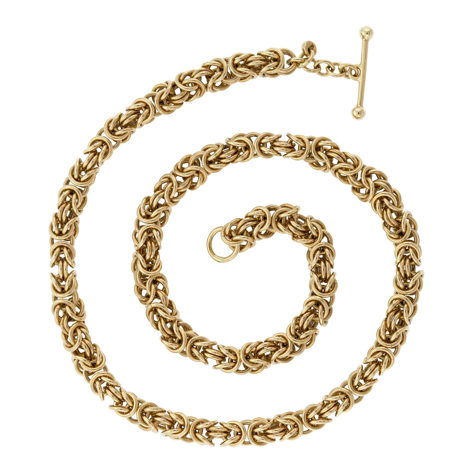 14K GOLD BYZANTINE STYLE CHAIN NECKLACE.: A 14k yellow gold (stamped, unknown hallmark), byzantine style, chain necklace with toggle clasp, 6mm thick, 16 1/4 inches long, 58.2 grams.