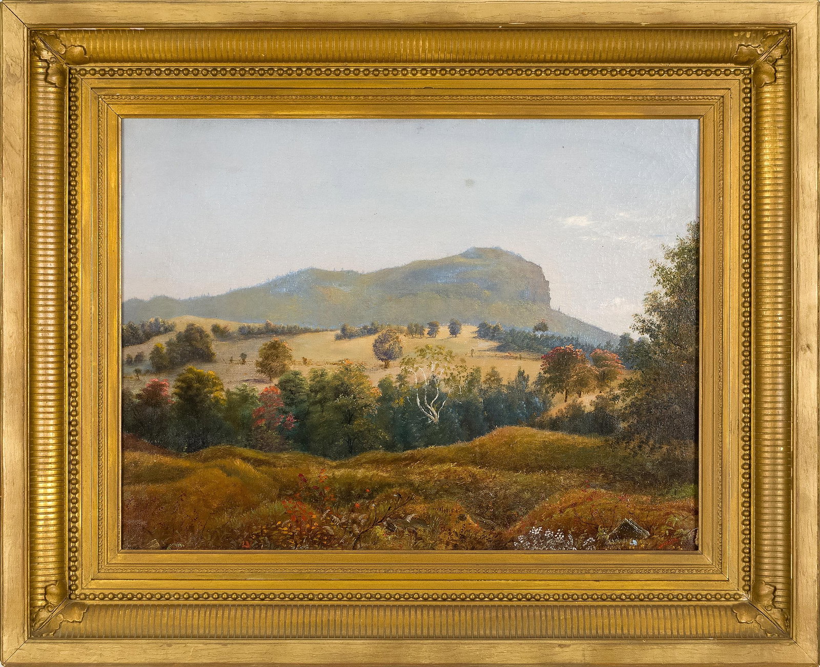 19TH C. OIL ON CANVAS, CAMEL’S HUMP VERMONT.: A good 19th C. oil on canvas, purportedly of Vermont’s third-highest peak, ‘Camel’s Hump’. Illegible inscription on stretcher. Image 15” x 20”, period frame, 22R