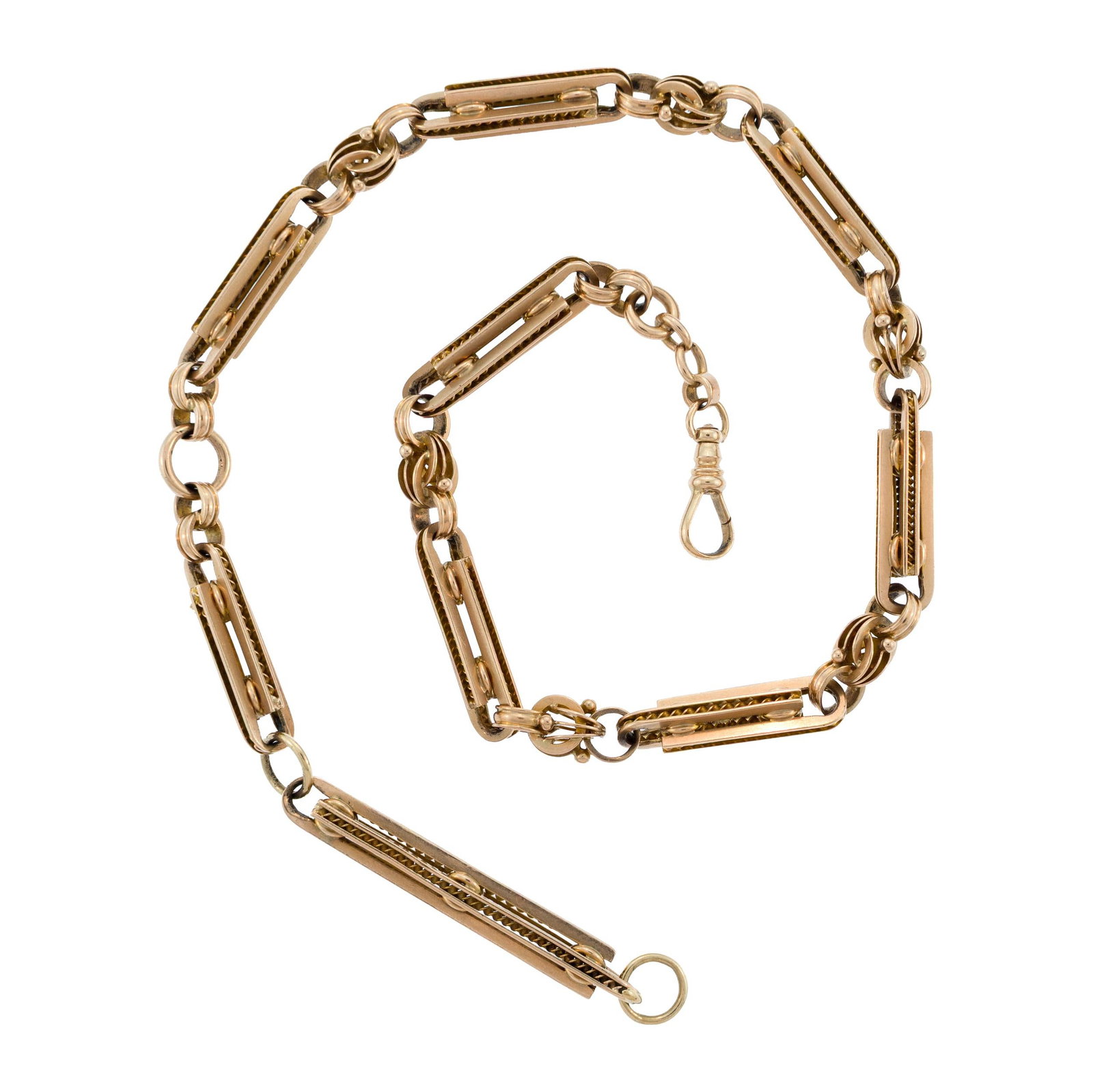ANTIQUE 14K ROSE GOLD WATCH CHAIN.: An antique, 14k rose gold (tested), ornate, bar link watch chain, 6.5mm thick, 15 1/4 inches long, 35.5 grams. Provenance: a prominent Washington, DC family.