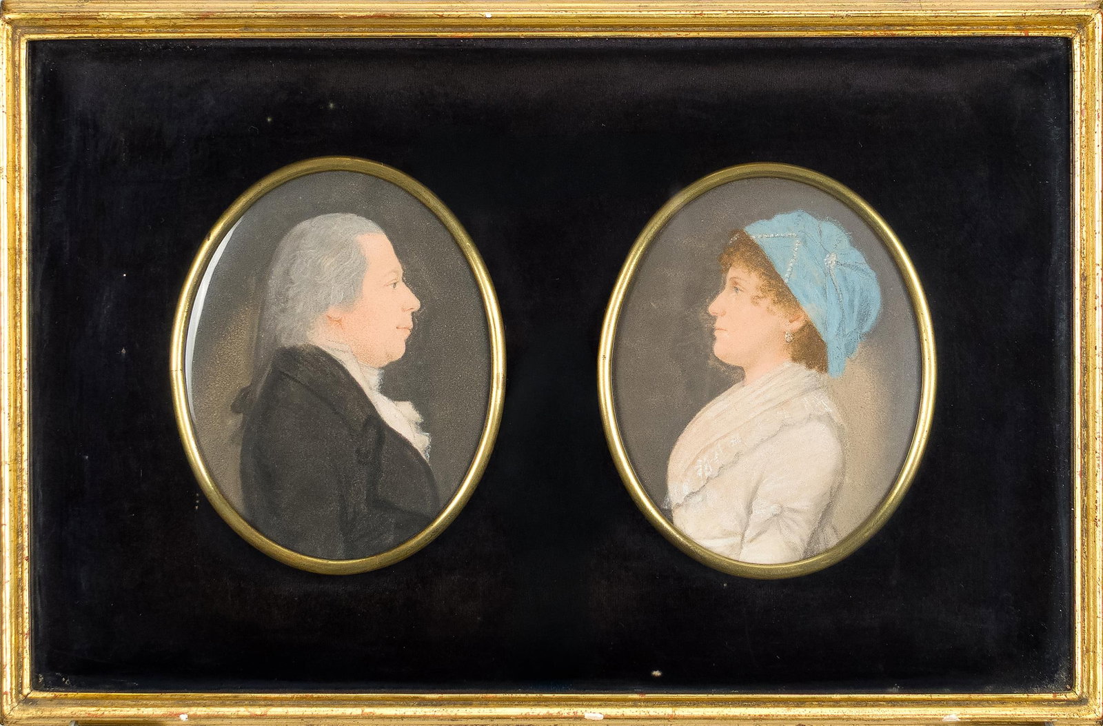 19TH C. MINIATURE PASTEL PORTRAITS, GRAVES & ATTWOOD.: A pair of 19th C. pastel portraits, John Boonan Graves and Sarah Attwood. Typed on paper on reverse: John Boonan Graves Born at Gsselsteyn, Holland 23 December 1758 Died in New York 20mJuly 1826.