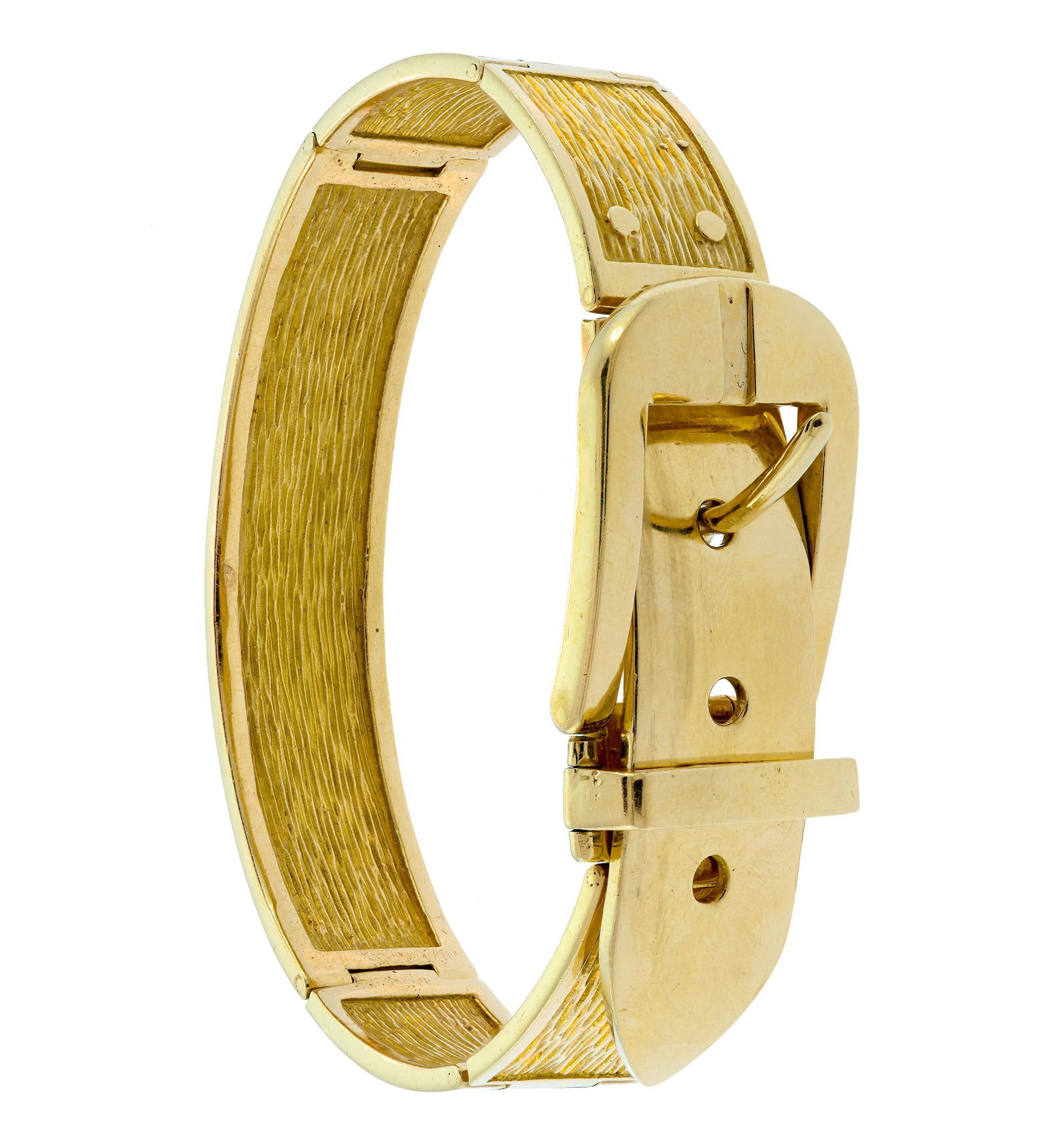VINTAGE 14K YELLOW GOLD BELT BUCKLE BRACELET.: A vintage, 14k yellow gold (stamped & tested), belt buckle bracelet, buckle is 22mm wide, bracelet is 15mm wide, 8 1/2 inches long (adjustable), 57 grams.