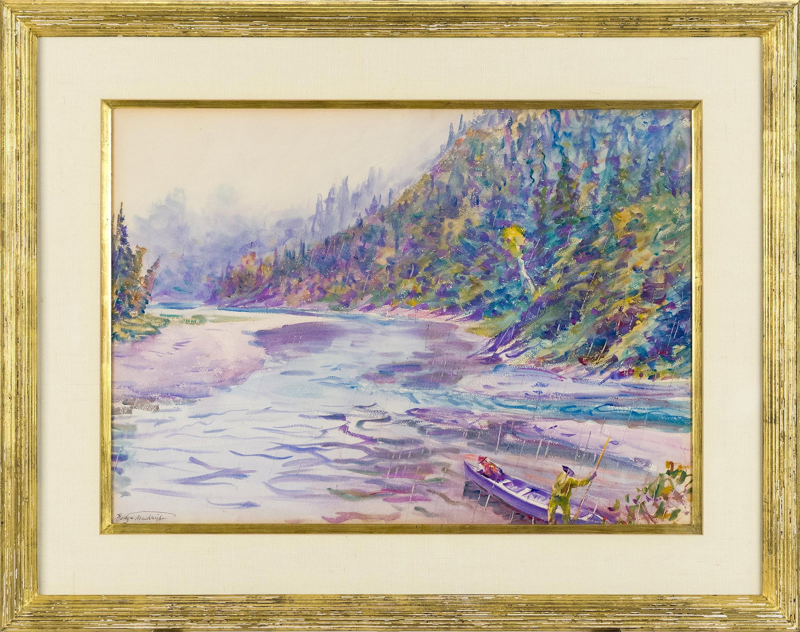 DODGE MACKNIGHT W/C CANOE ON GRANDE RIVIERE GASPE.: Dodge Macknight (American, 1860-1950). A canoe drawn up on a river bank in the rain, two figures beside it, the wooded hills beyond worked in purple, green and yellow washes with rain falling in fine