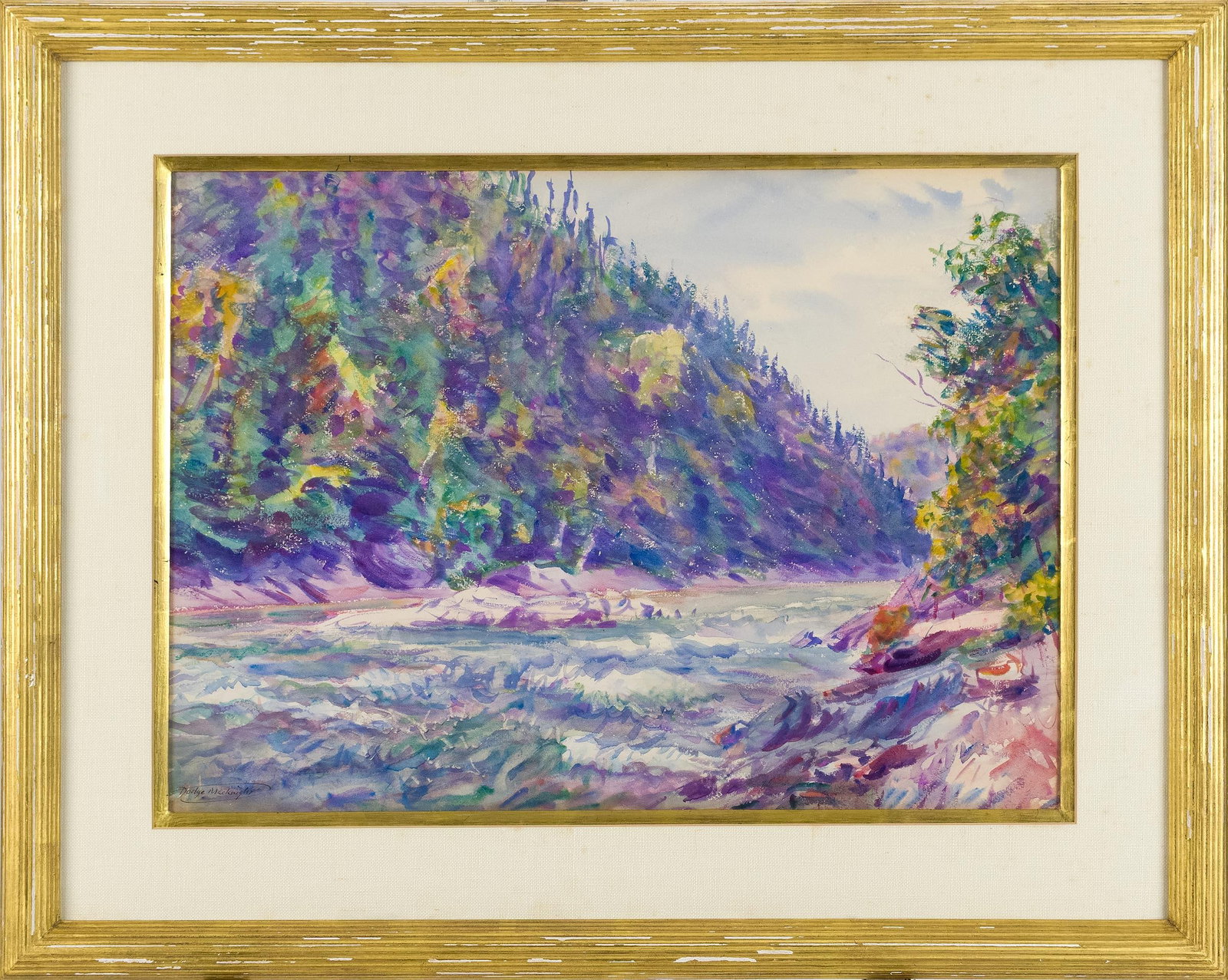 DODGE MACKNIGHT WATERCOLOR GRANDE RIVIERE GASPE.: Dodge Macknight (American, 1860-1950). A rushing river running below a steeply wooded bank, worked in vivid purple, green and yellow washes with the white of the paper reserved throughout. Signed