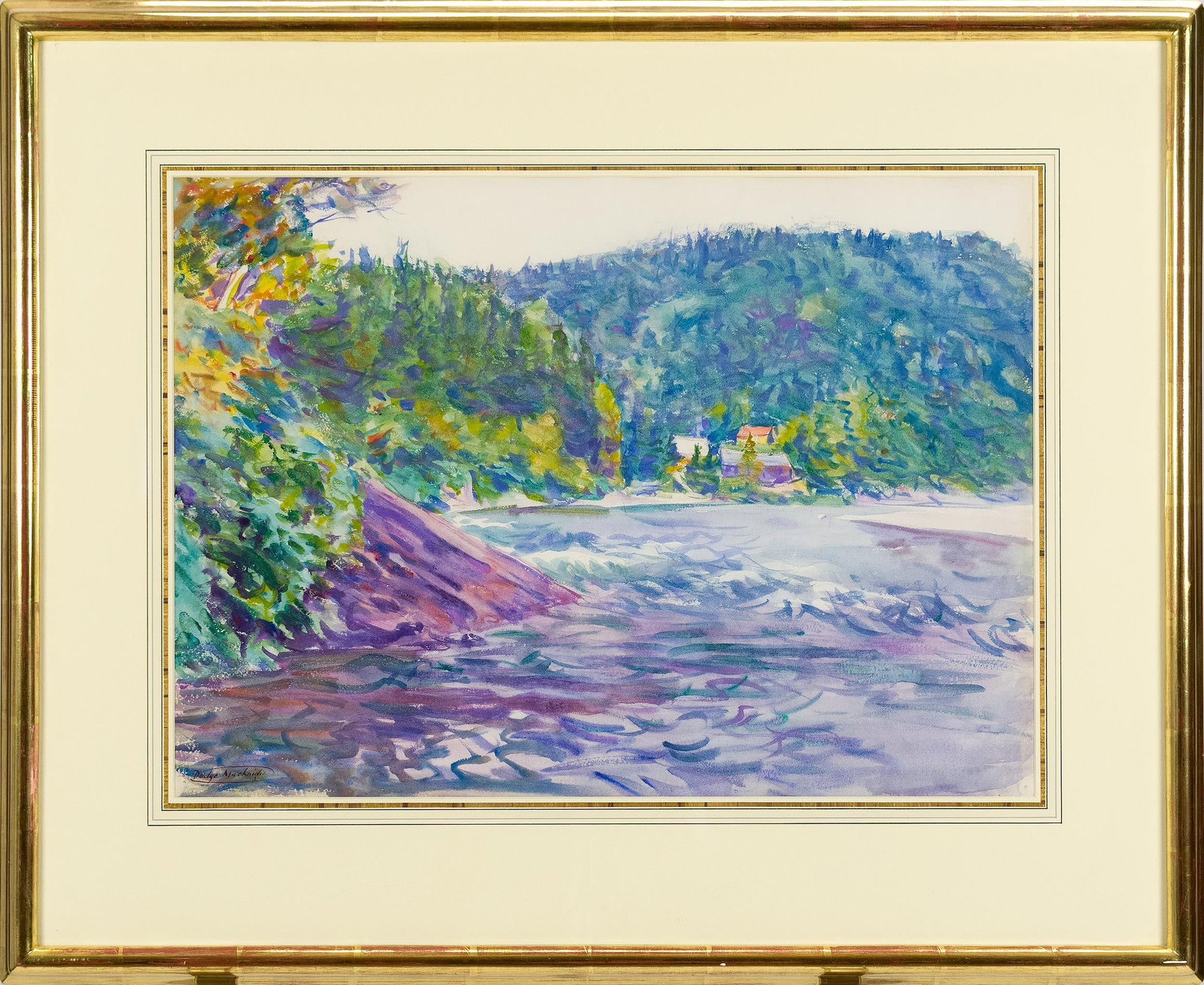 DODGE MACKNIGHT WATERCOLOR MOUNTAIN LAKE.: Dodge Macknight (American, 1860-1950). A broad stretch of water running below a steep evergreen shore, a red roofed cabin set among the trees on the far bank, worked in blue, green and violet washes w