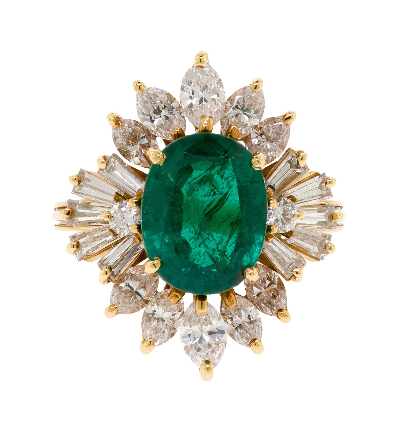 18K GOLD 2.5 CT. EMERALD & DIAMOND RING.: An 18k yellow gold (stamped) cocktail ring, set with an approx. 2.5 ct., faceted oval, vivid, medium-dark green emerald surrounded by approx. 1.5 ct. tw., round brilliant, baguette and marquise cut, n