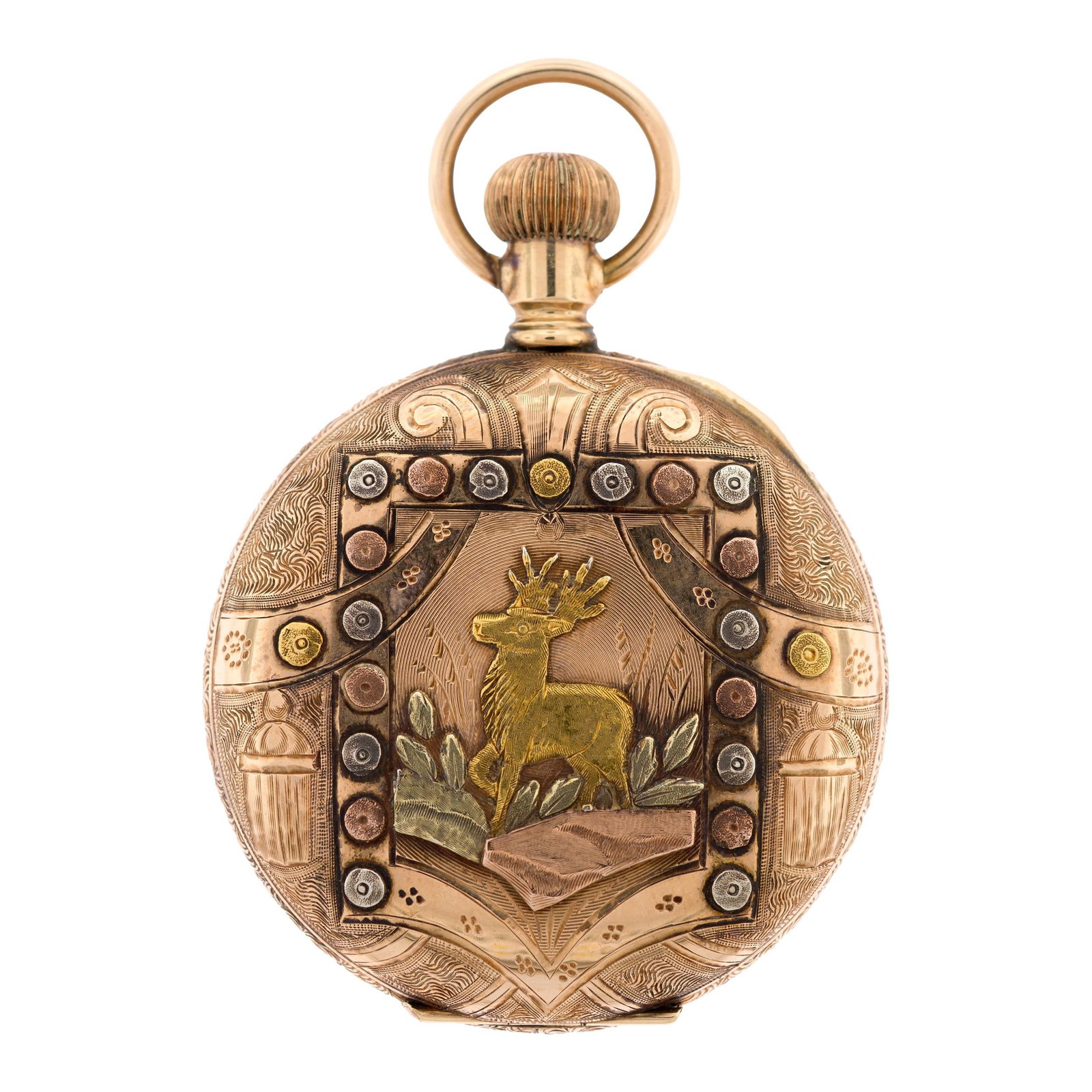 ANTIQUE WALTHAM 14K MULTI-GOLD ORNATE POCKET WATCH.: An antique, American Waltham, 14k yellow, white, rose, green (stamped), pocket watch with an ornate, hand-engraved, hunting case with details of yellow, white, rose, green and 22-24k gold (based on